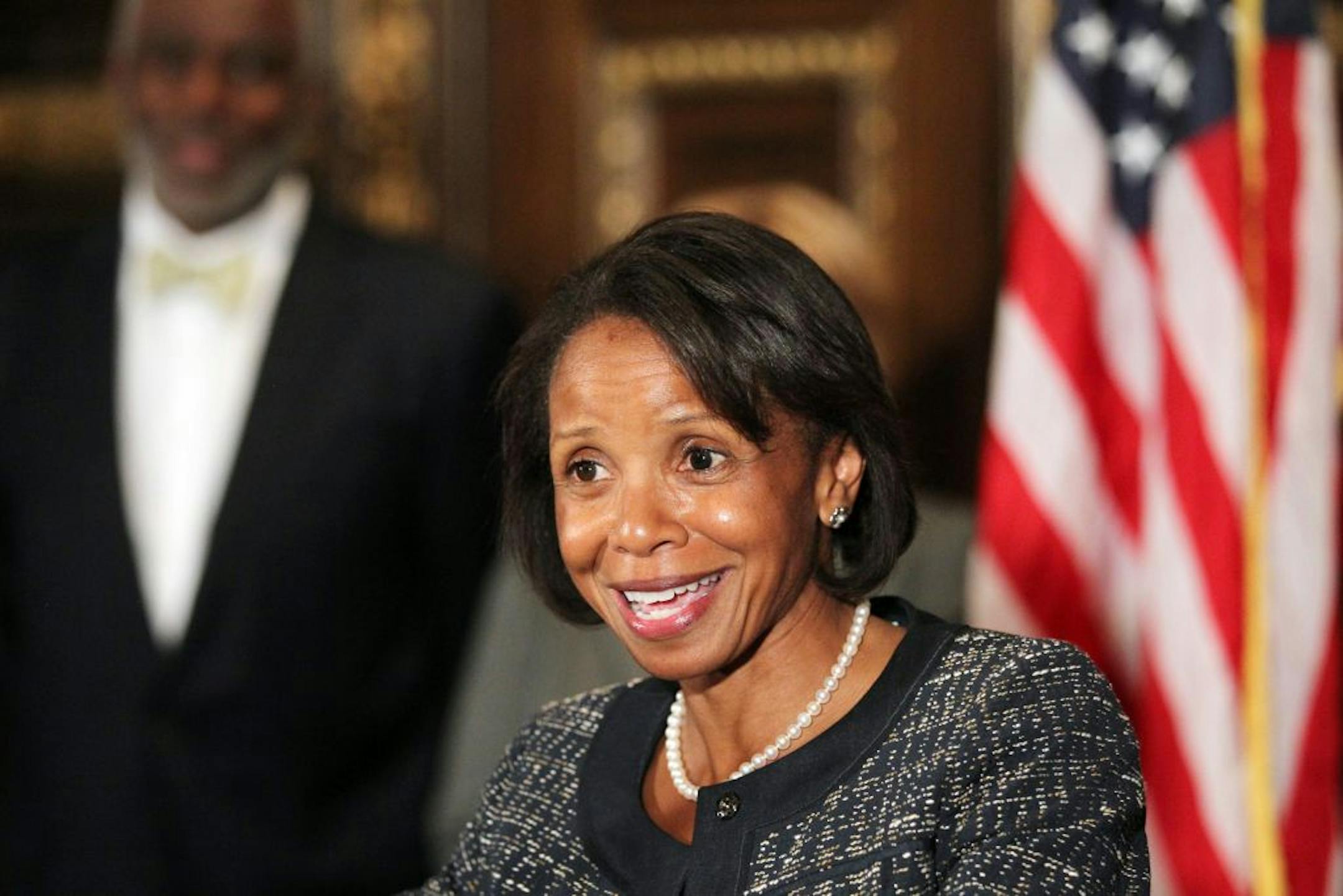 Judge Wilhelmina Wright speaks to the media after her appointment by Gov. Mark Dayton to the Minnesota Supreme Court in St. Paul, Minn., Monday, Aug. 20, 2012. Wright, 48, is Dayton's first appointment to the Supreme Court and the first by a Democratic governor since 1991. Dayton interviewed the St. Paul resident along with three other finalists and said he was impressed by her intellect and judgment.