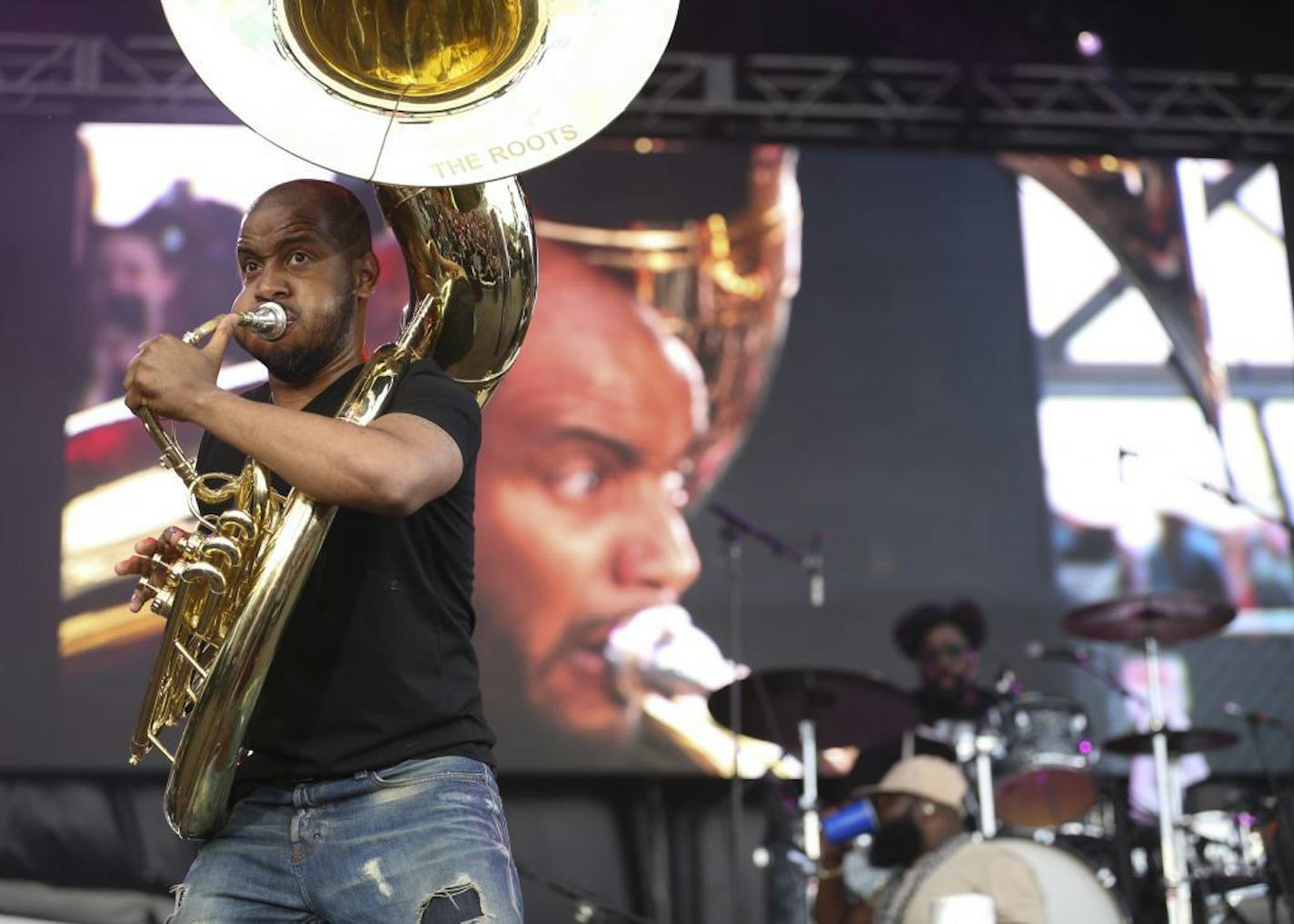 The Roots� Damon �Tuba Gooding Jr.� Bryson on sousaphone on the Main Stage Sunday evening at Soundset 2016.