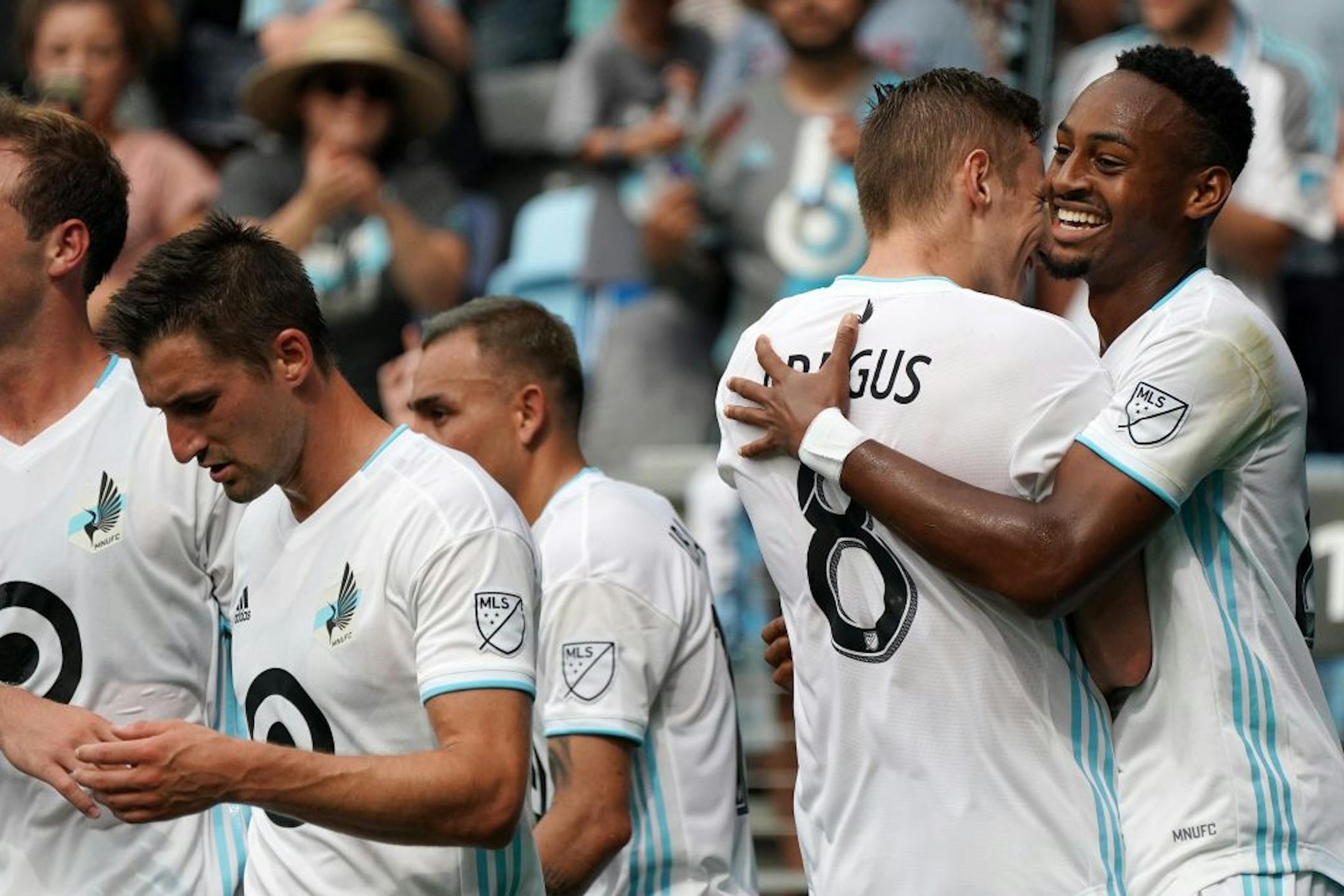 Minnesota United forward Mason Toye (23) celebrated with Minnesota United midfielder Jan Gregus (8) after scoring a goal in the second half.