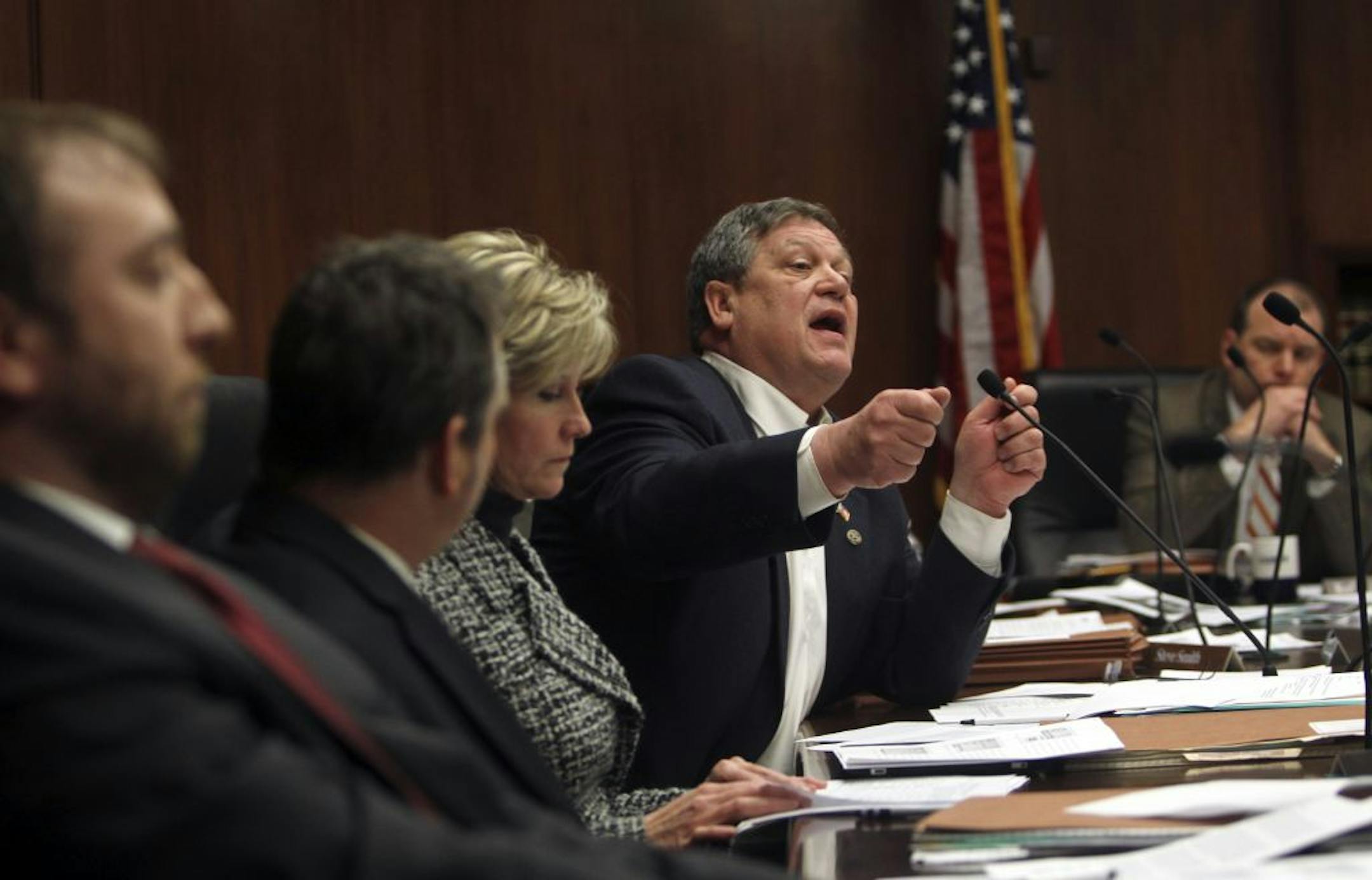 Rep. Ernie Leidiger, R-Mayer, gestured while asking a question Wednesday during testimony on regulation of casino slot machines and blackjack tables at the State Office Building in St. Paul.