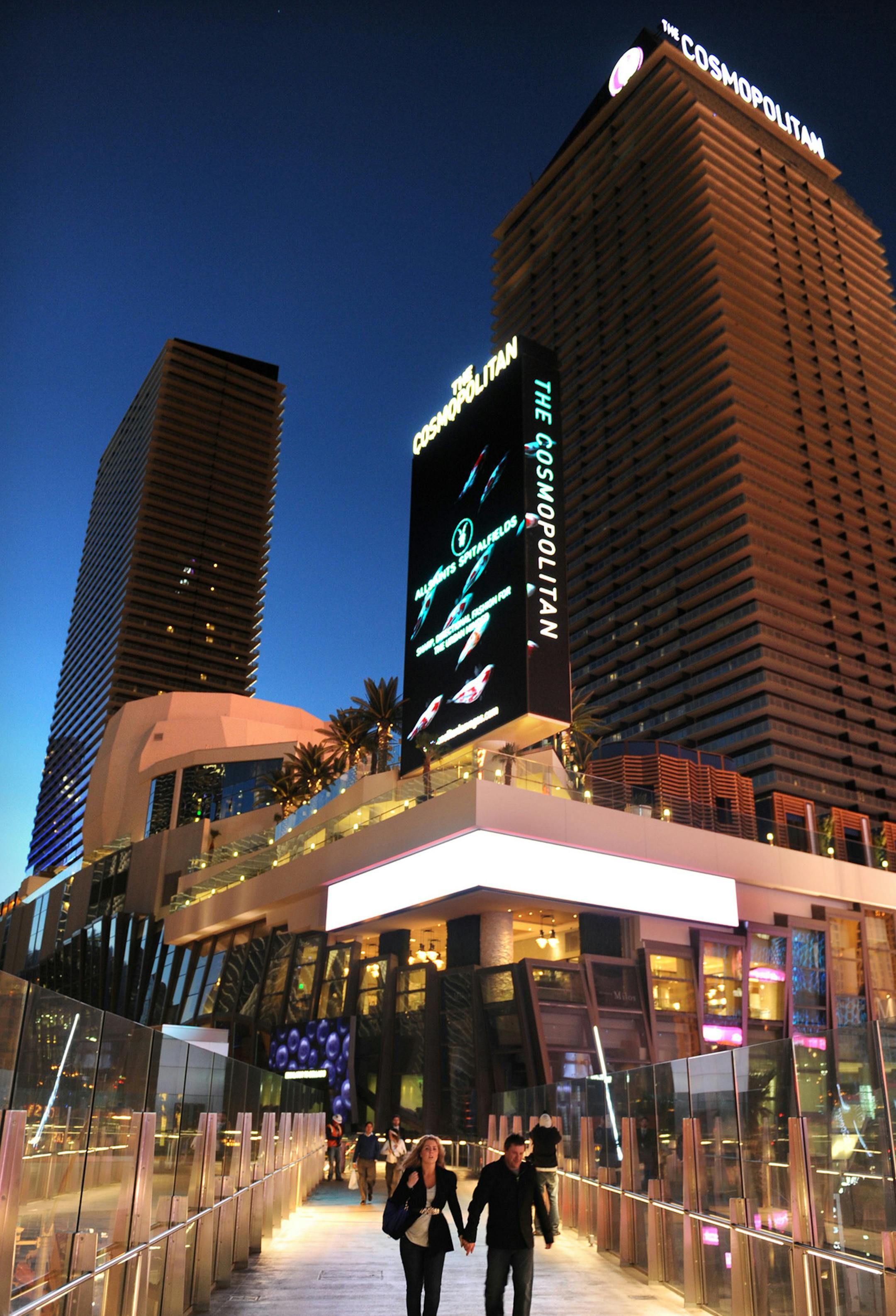 At the Cosmpolitan hotel, the lobby features digital graphics and a bar draped in crystals, a fitting welcome to an over-the-top city.