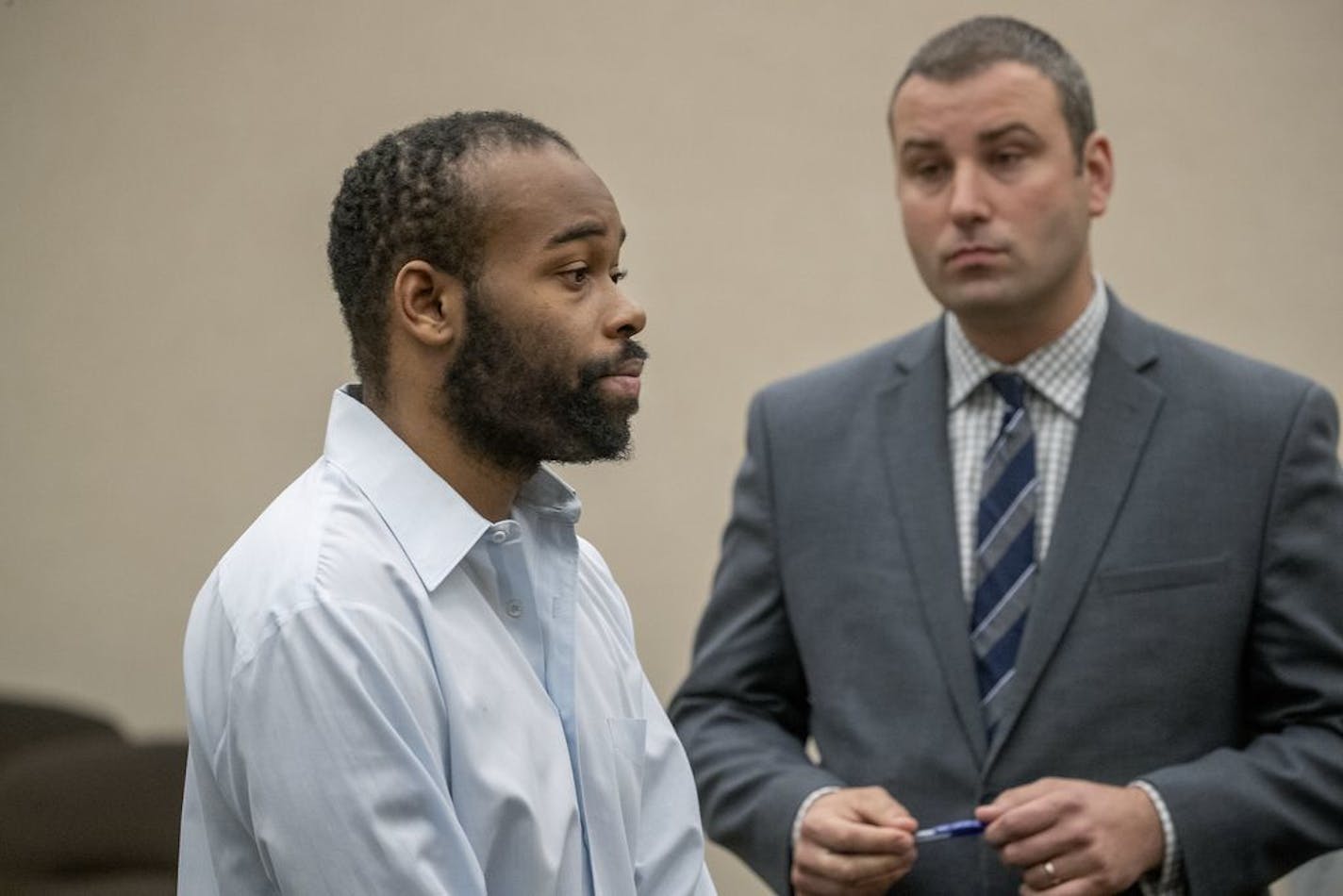 Emmanuel Aranda, the man who threw a 5-year-old boy over a Mall of America balcony, and his lawyer Paul Sellers, right, listened to Judge Jeannice Reding hand out a sentence at the Hennepin County Government Center on May 3.