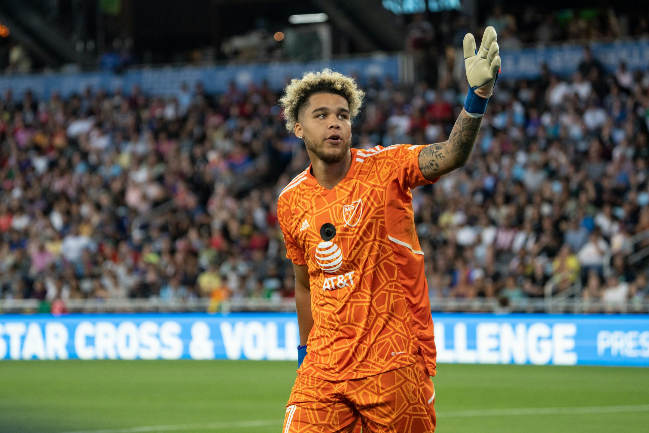 Minnesota United FC goalkeeper Dayne St. Clair blows a kiss to fans.
