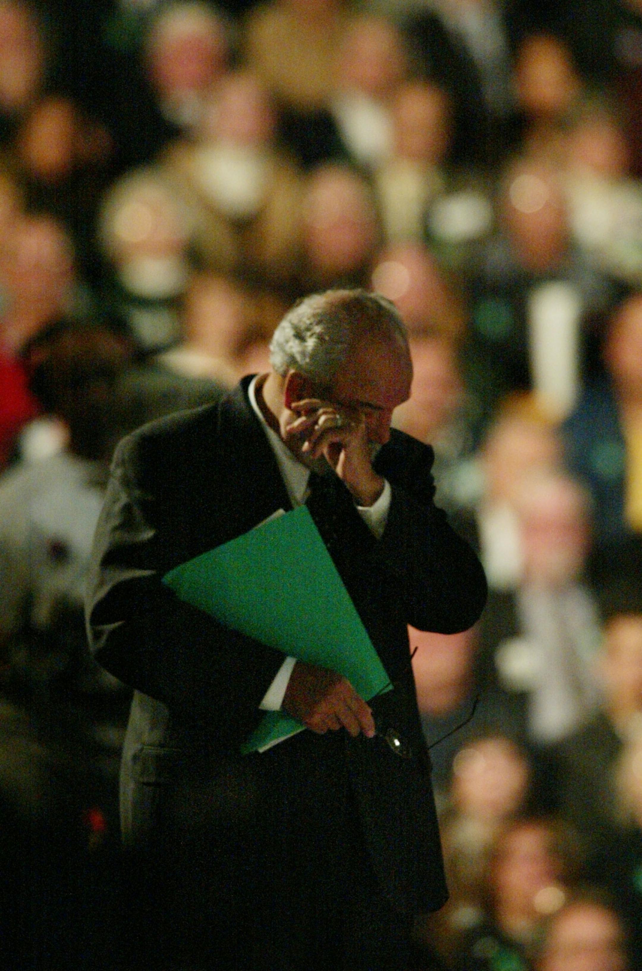 October 29,2002: Memorial Service for Sen. Paul Wellstone - Former St. Paul mayor George Latimer wipes a tear during one of the speeches.