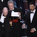 Jordan Horowitz, producer of "La La Land," shows the envelope revealing "Moonlight" as the true winner of best picture at the Oscars on Sunday, Feb. 2