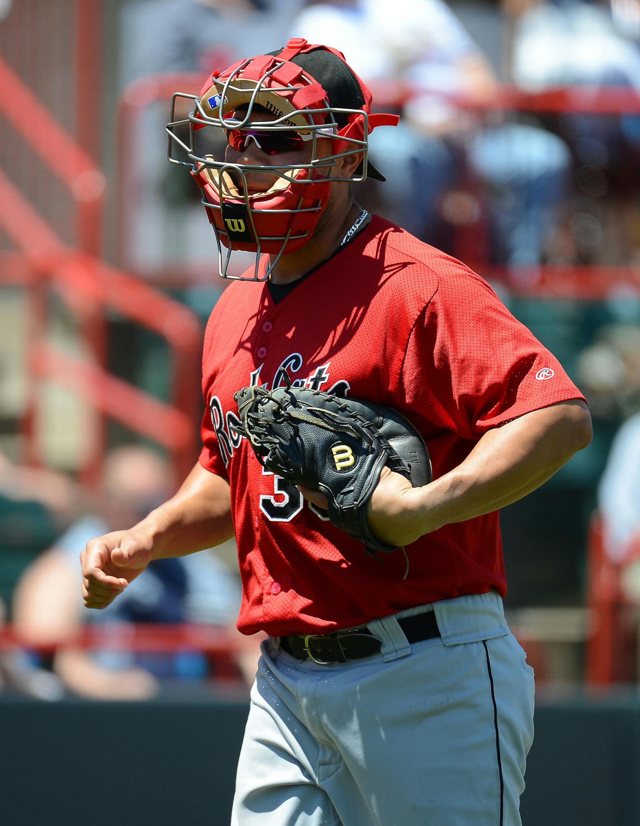 New Britain Rock Cats catcher Josmil Pinto #36 a game against the Erie Seawolves on June 20, 2013 at Jerry Uht Park in Erie, Pennsylvania. New Britain defeated Erie 2-0. (Mike Janes/Four Seam Images via AP Images) ORG XMIT: NYWWP