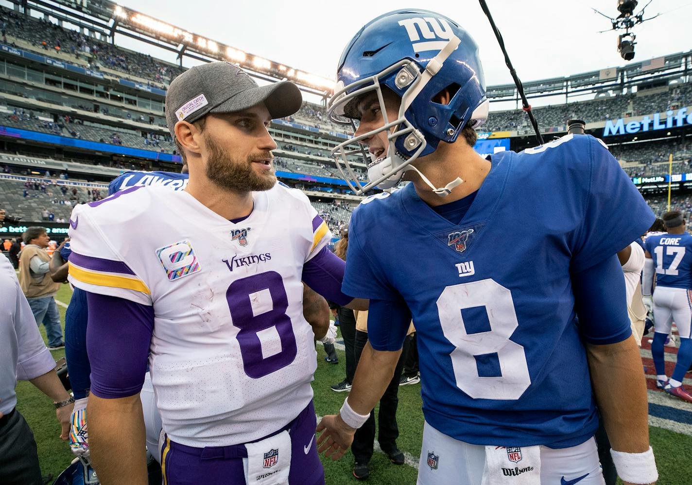 Minnesota Vikings quarterback Kirk Cousins (8) speaks with New York Giants quarterback Daniel Jones (8) at the end of the game on Sunday, Oct. 2, 2019, MetLife Stadium in East Rutherford, N.J. (Carlos Gonzalez/Minneapolis Star Tribune/TNS) ORG XMIT: 1453327