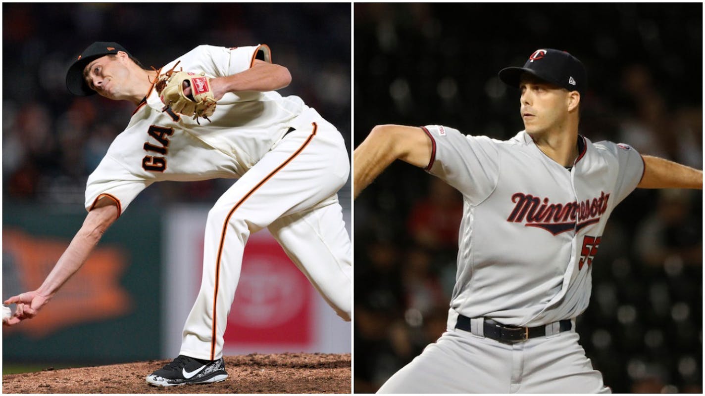 Tyler Rogers made his MLB debut for San Francisco in the eighth inning on Wednesday night a few minutes after his identical twin brother Taylor picked up the save for the Minnesota Twins.