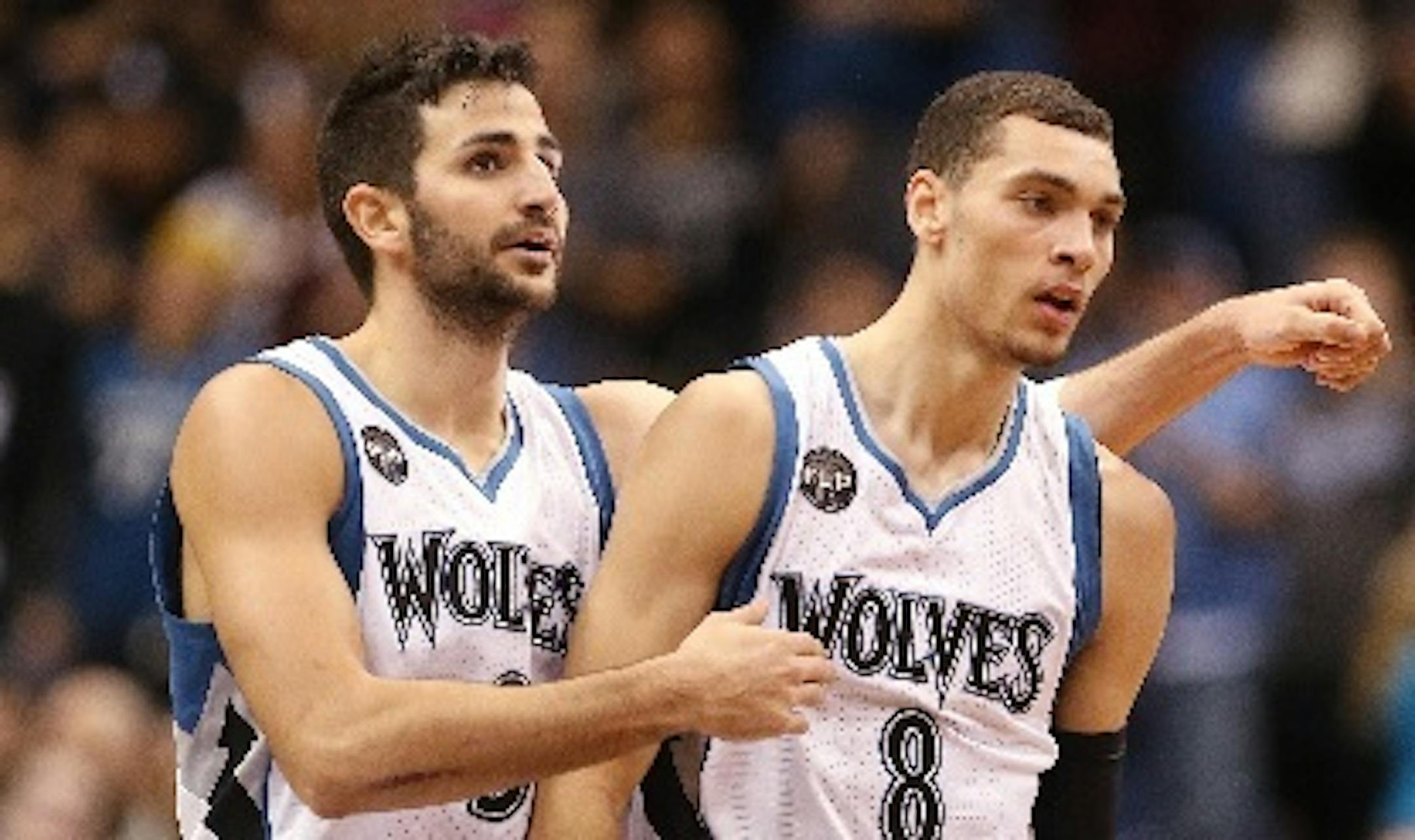 Timberwolves guard Ricky Rubio, left, and guard Zach LaVine celebrated a three-pointer by LaVine during the second half Monday.