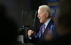 Former Vice President Joe Biden speaks to news media and a handful of supporters at the Berston Field House on March 9, 2020, in Flint, Michigan. (Joh