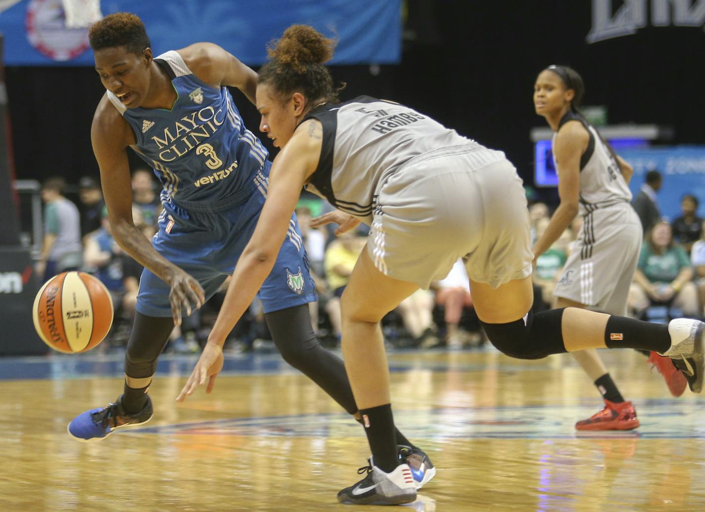 Minnesota Lynx forward Natasha Howard (3) forces a steal from San Antonio Stars forward Dearica Hamby (5). ] Timothy Nwachukwu, Star Tribune &#x2022; Timothy.Nwachukwu@startribune.com The Minnesota Lynx play the San Antonio Stars on Saturday, July 2, 2016 at the Target Center in Minneapolis, Minn.