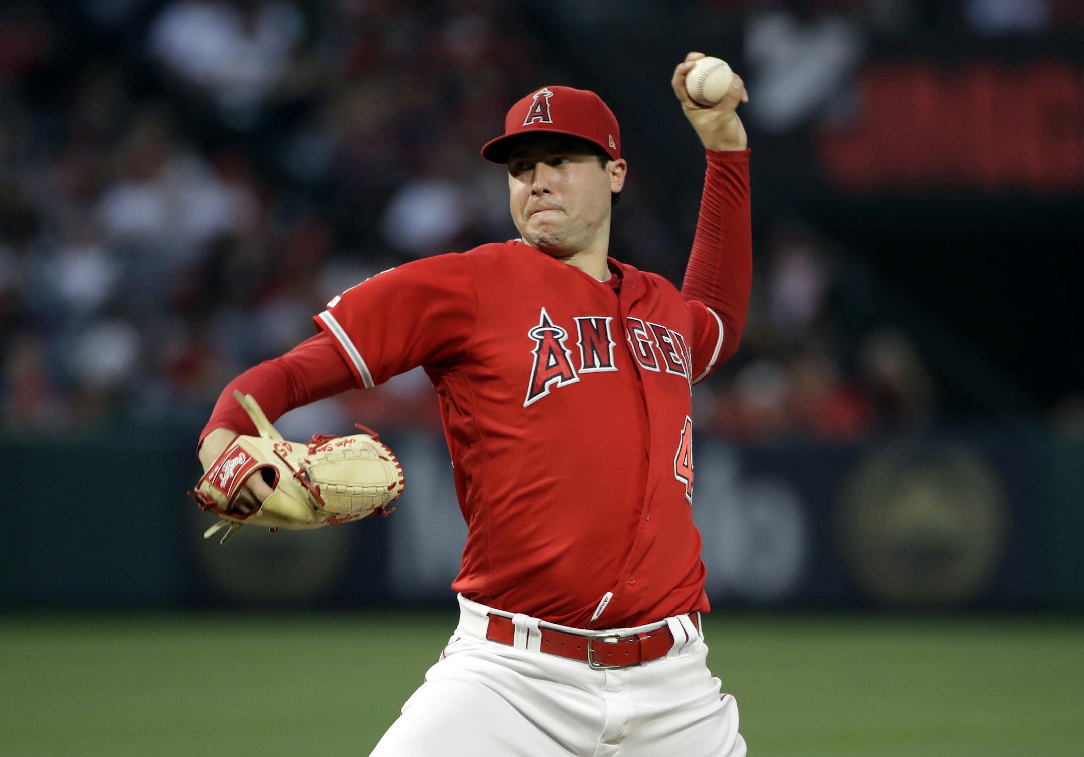 Los Angeles Angels starting pitcher Tyler Skaggs throws to the Oakland Athletics during a baseball game Saturday, June 29, 2019, in Anaheim, Calif. (AP Photo/Marcio Jose Sanchez)