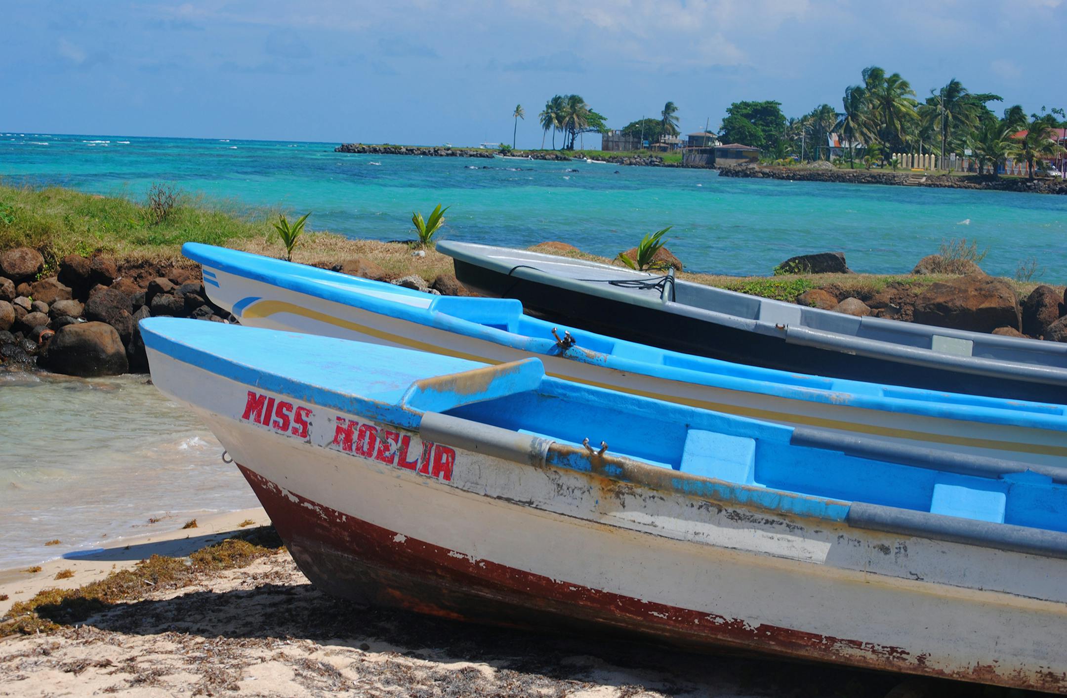 Fishing boats rest on the shore of the Corn Islands. Lobster fishing is a popular trade for islanders. Illustrates TRAVEL-NICARAGUA (category t), by Colleen Kinder, special to The Washington Post. Moved Tuesday, December 24, 2013. (MUST CREDIT: Photo by Colleen Kinder for The Washington Post.)
