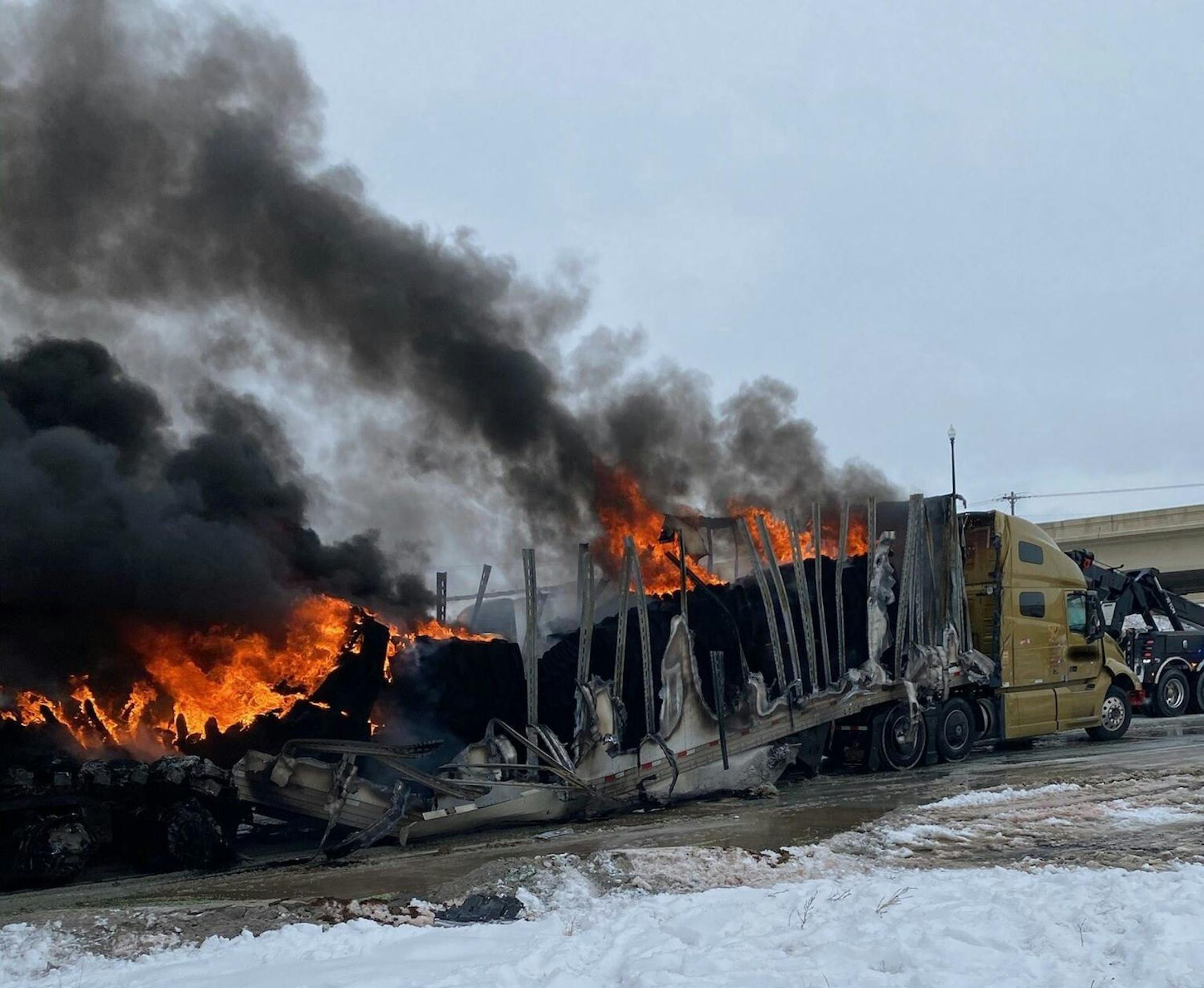 A truck carrying tires burst into flames after being involved in a chain-reaction crash on westbound I-94 near Monticello on Thursday Nov. 12, 2020.