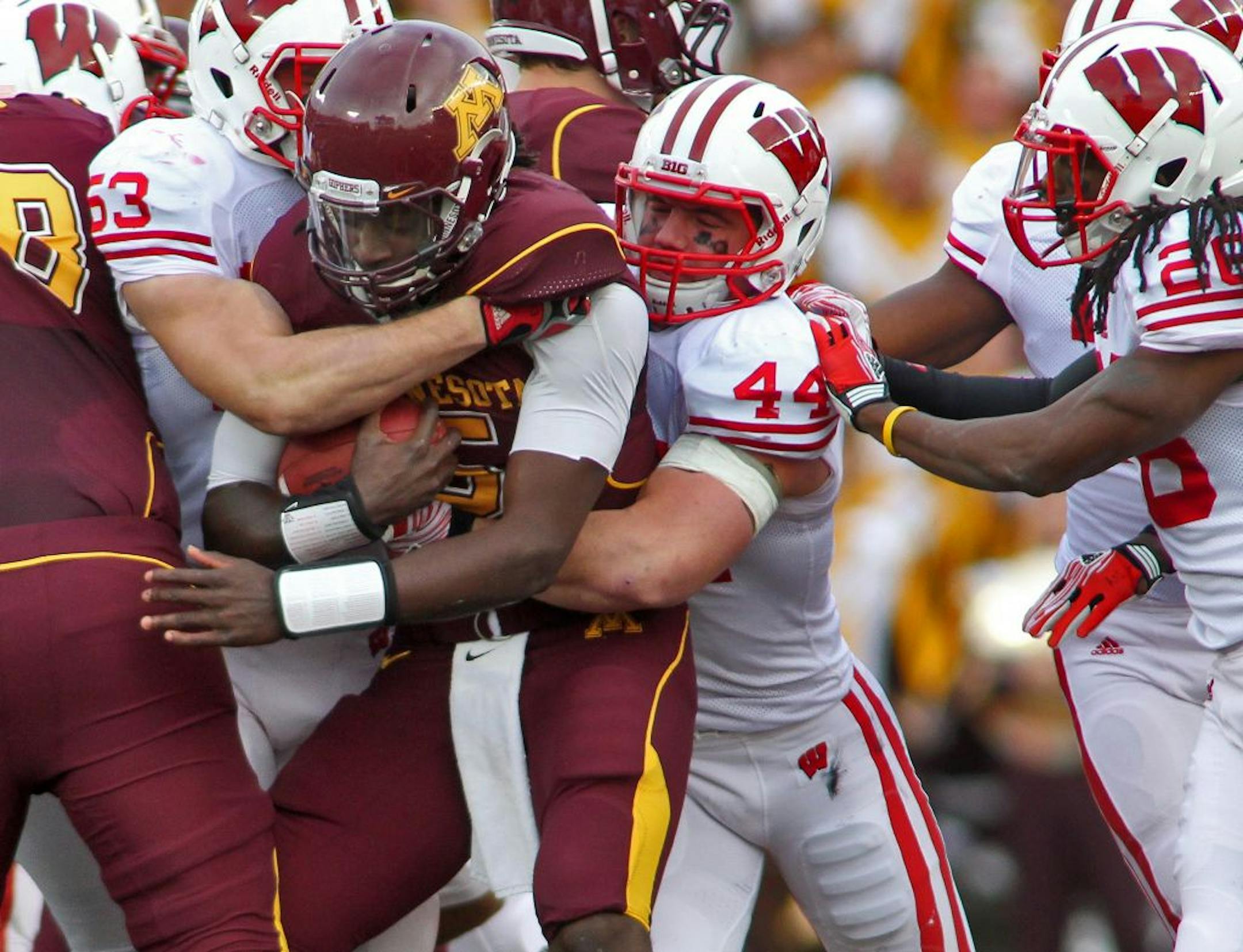 Gophers quarterback MarQueis Gray found the going tough against Wisconsin last Saturday.