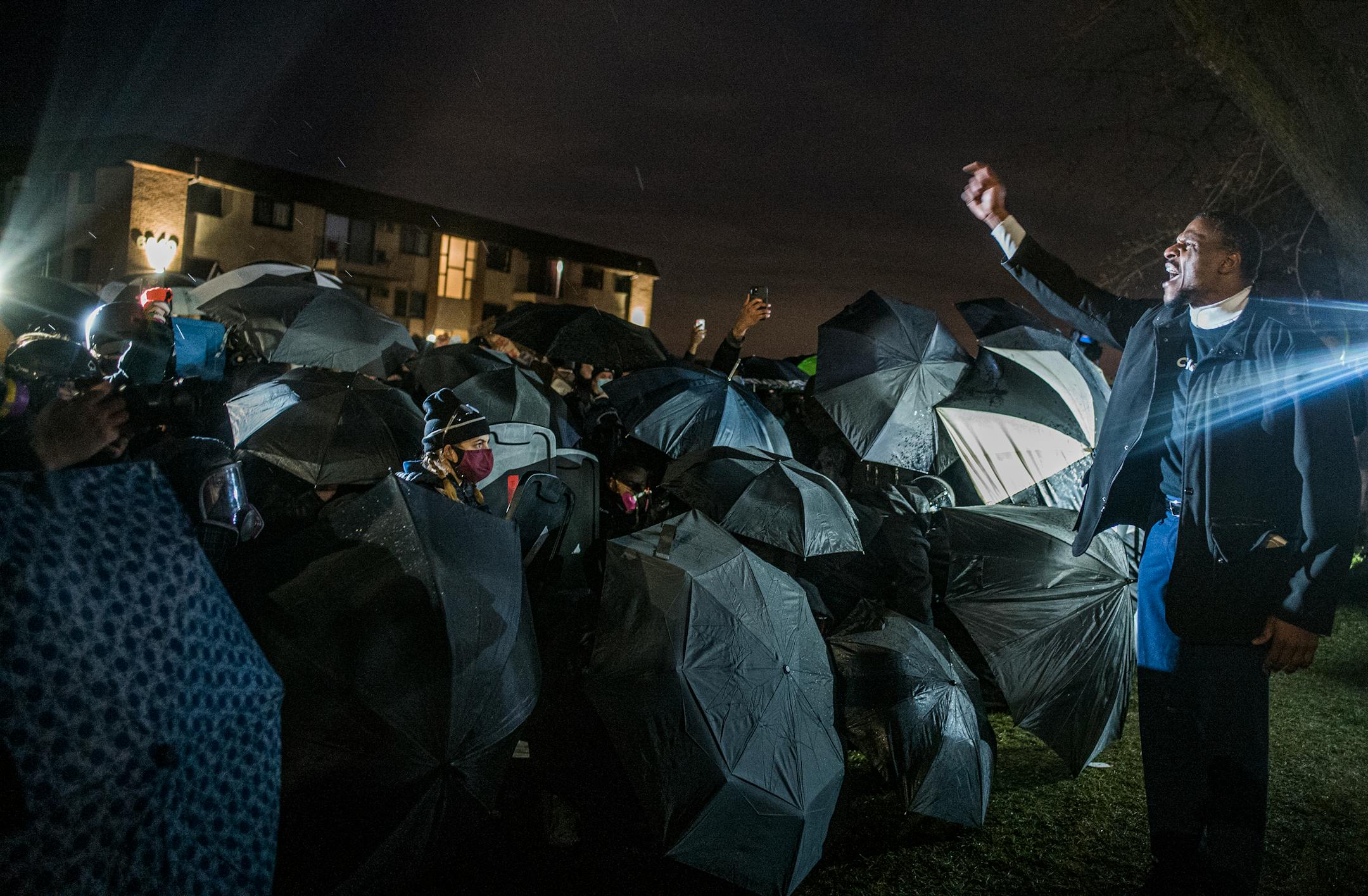 People protest near the Brooklyn Center Police Department in response to the fatal police shooting of Daunte Wright, Wednesday, April 14, 2021 in Brooklyn Center, Minn.