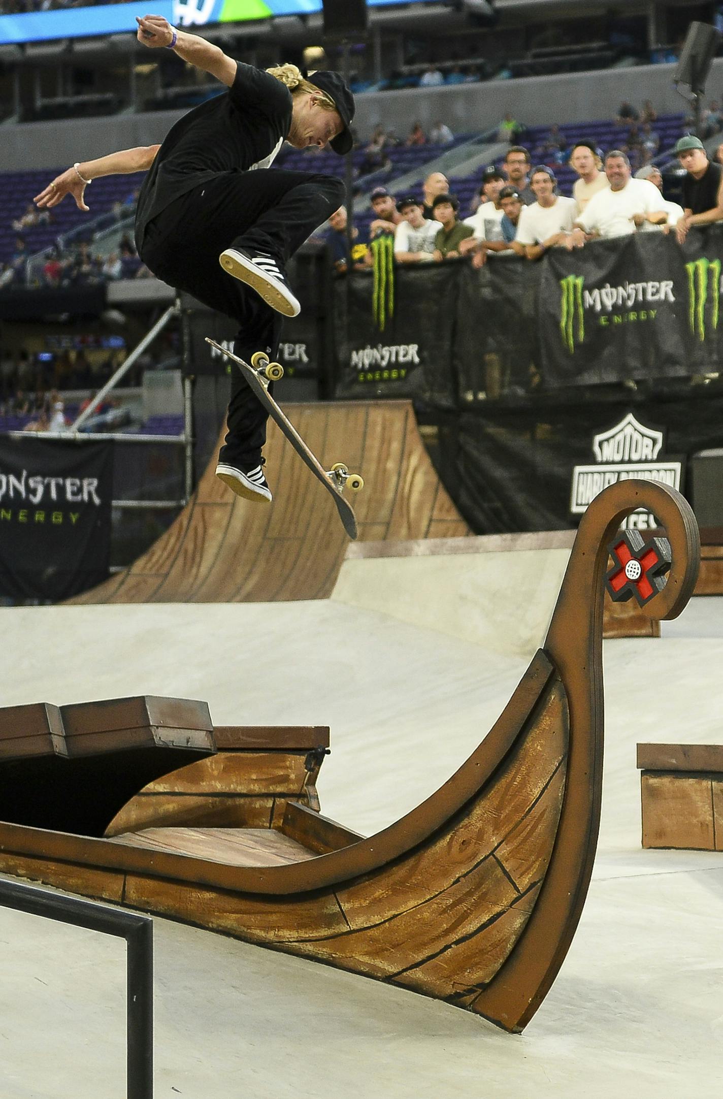 Alec Majerus is unsuccessful in his attempt to gap the sunken viking ship during his third run in the street finals at the X Games, Saturday, July 15, 2017, in Minneapolis. (Aaron Lavinsky/Star Tribune via AP)