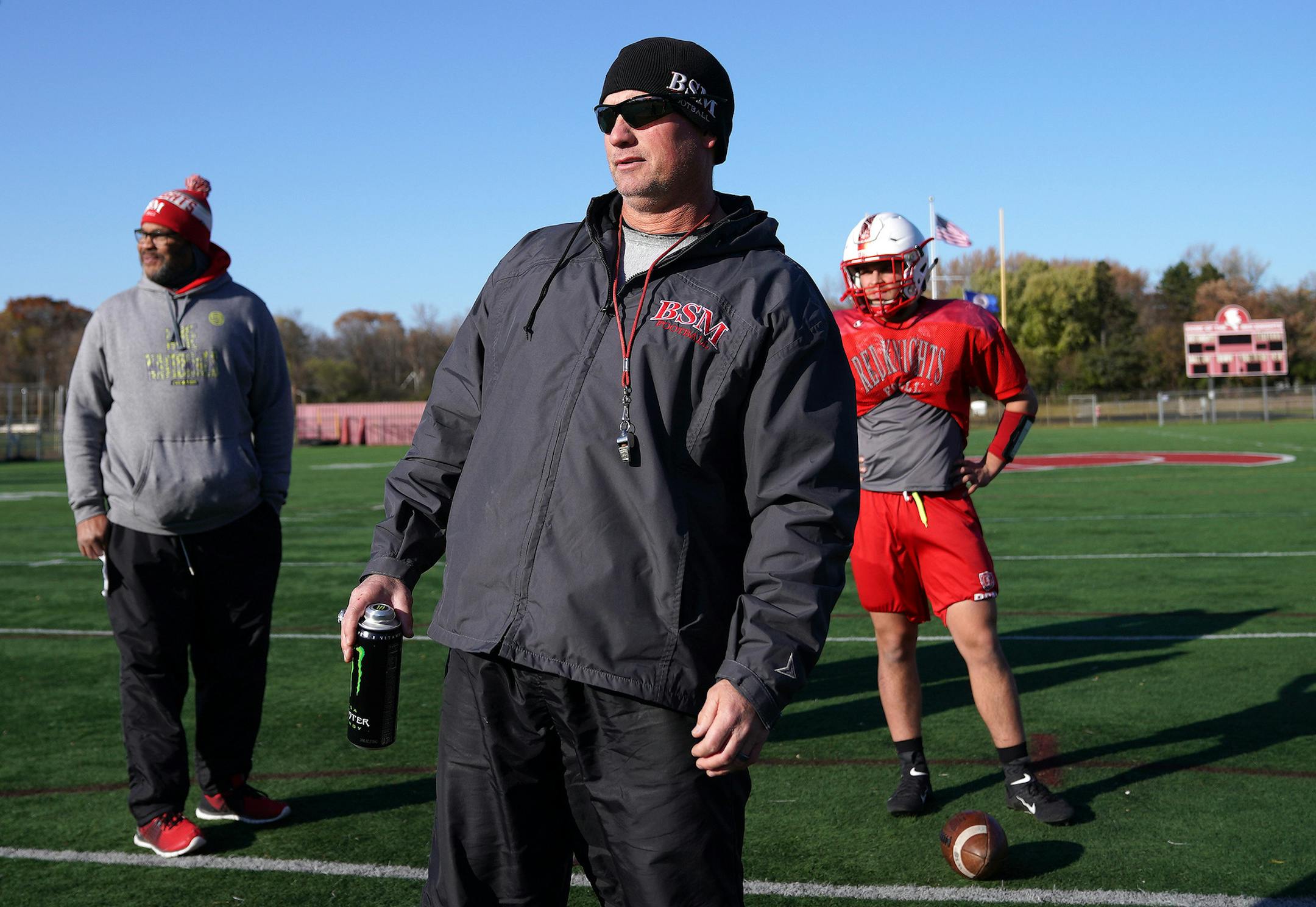 BSM head football coach Jon Hanks watched during practice Tuesday. ] ANTHONY SOUFFLE • anthony.souffle@startribune.com The Benilde-St. Margaret's football team held practice Tuesday, Oct. 29, 2019 in St. Louis Park, Minn.