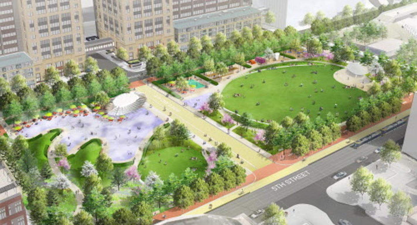 Landscape architect Hargreaves Associates unveils Wednesday night close-to-final concept designs for The Commons -- the first images that actually show the direction the park design is headed. proposed park on site of former Star Tribune building and parking lot next to Vikings stadium.