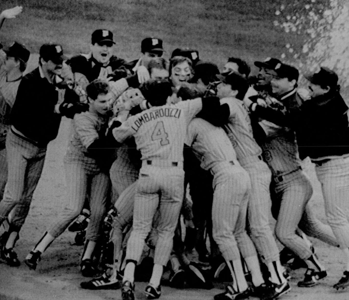 October 13, 1987 Mark Davidson doused his jubilant Twin teaMinneapolis Star Tribune ates as they jumped on each other to celebrate winning the American League pennant Monday with a 9-5 victory over the Detroit Tigers. Marlin Levison, Minneapolis Star Tribune