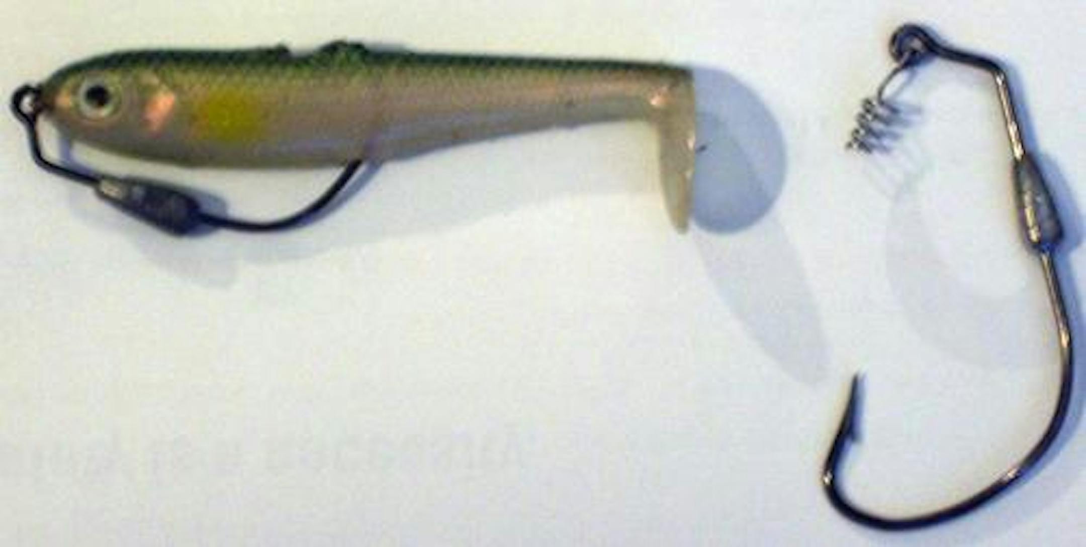 Soft Plastic swimbait rigged on an Eagle Claw hook