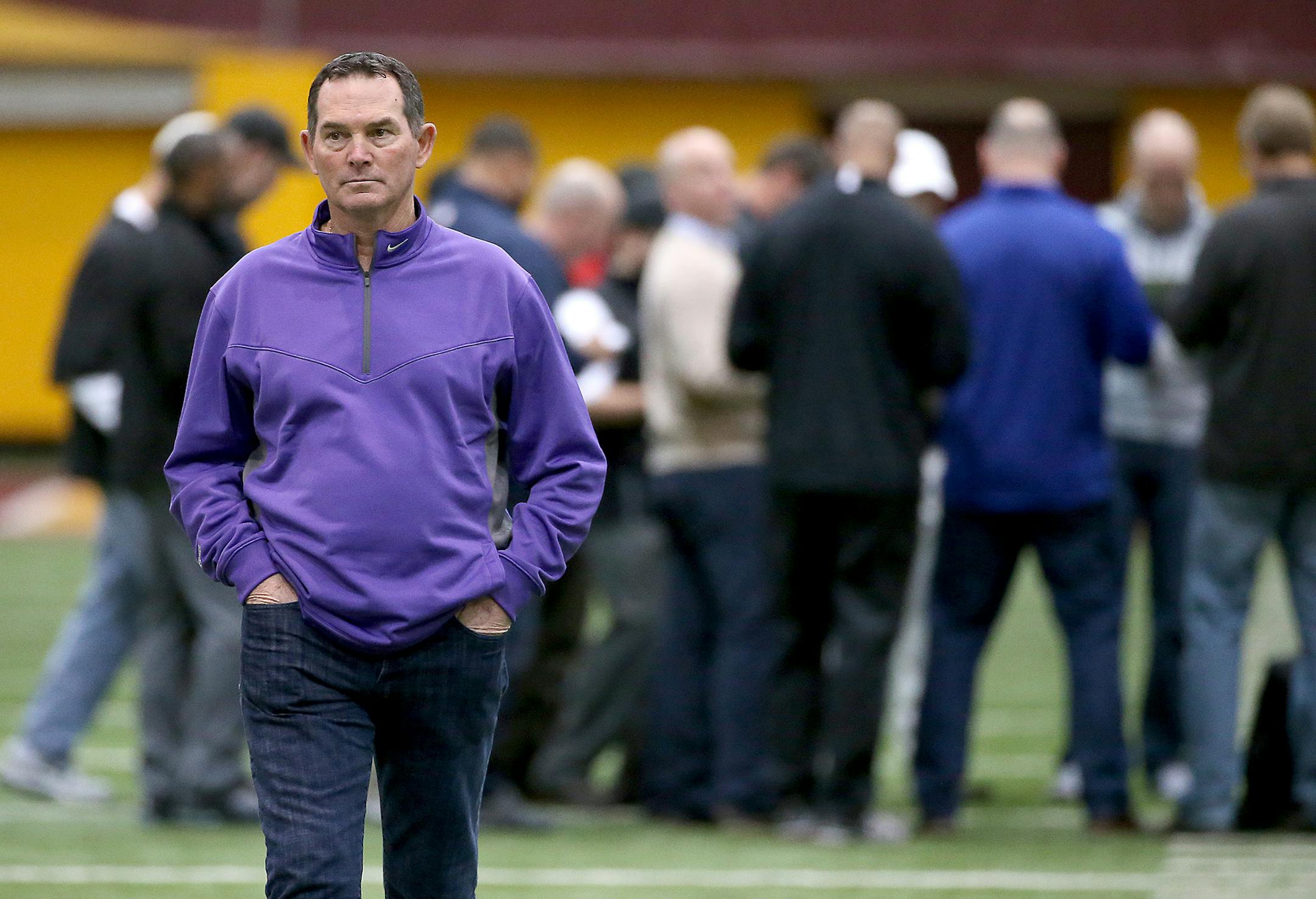 Minnesota Vikings Head Coach Mike Zimmer joined other NFL scouts to test players football skills and abilities during Pro Day at the Nagurski building on campus, Monday, March 2, 2015. ] (ELIZABETH FLORES/STAR TRIBUNE) ELIZABETH FLORES • eflores@startribune.com