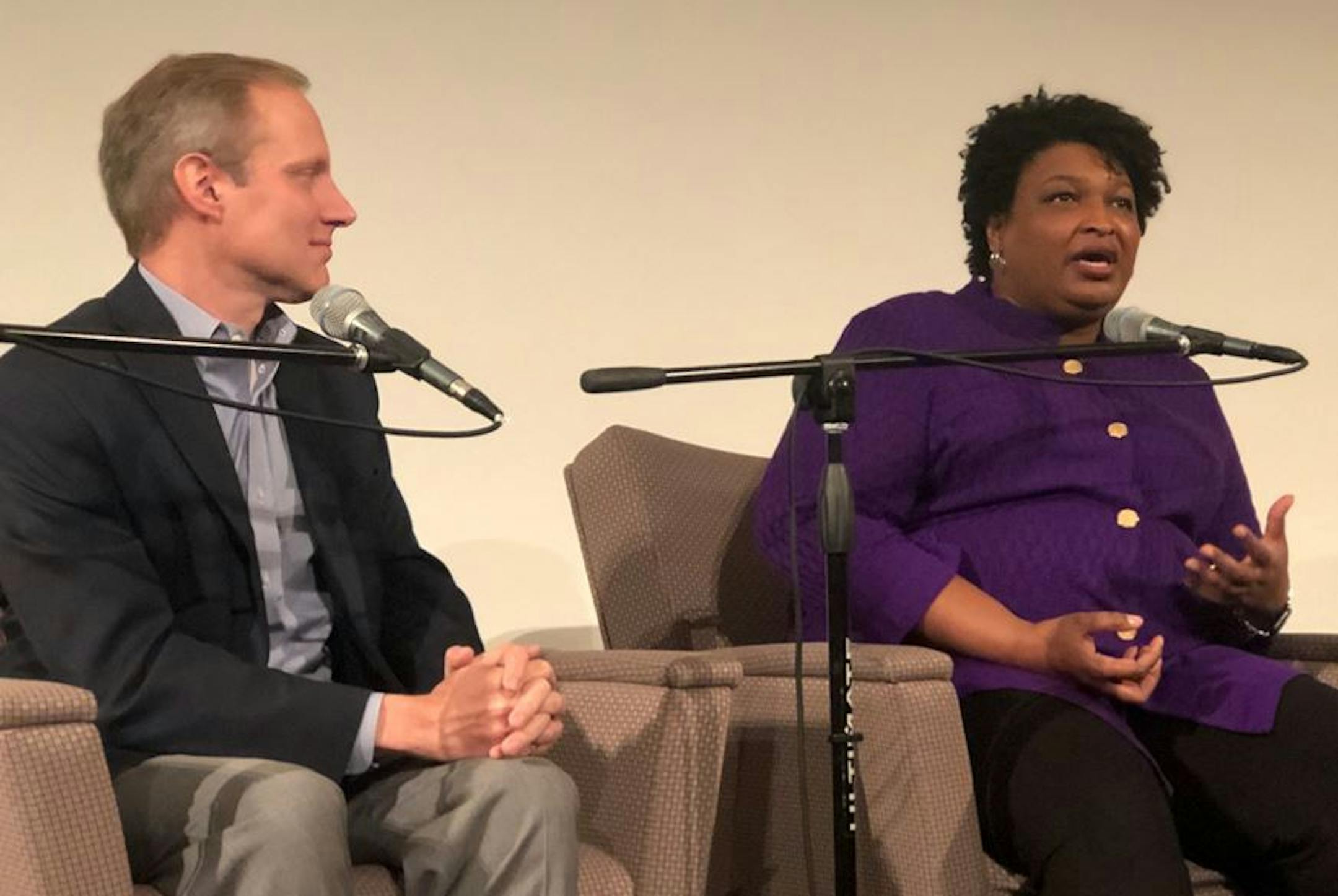 Photo by Ryan Faircloth: Democrat Stacey Abrams talked about voter suppression with Minnesota Secretary of State Steve Simon during a panel discussion on voting rights Saturday at the University of Minnesota’s Humphrey School of Public Affairs.