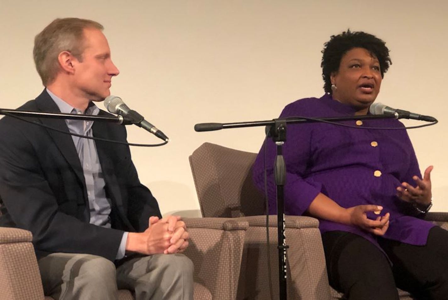 Photo by Ryan Faircloth: Democrat Stacey Abrams talked about voter suppression with Minnesota Secretary of State Steve Simon during a panel discussion on voting rights Saturday at the University of Minnesota&#x2019;s Humphrey School of Public Affairs.