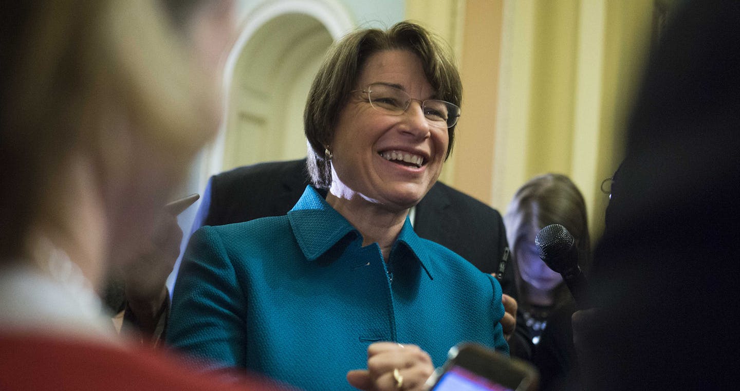 Sen. Amy Klobuchar (D-Minn.), who was just named to the Senate Democratic leadership, speaks after a Senate Democratic organizing meeting on Capitol Hill, in Washington, Nov. 16, 2016. Sen. Chuck Schumer (D-N.Y.) was voted in as the next minority leader Wednesday. (Al Drago/The New York Times) ORG XMIT: MIN2016122917042615