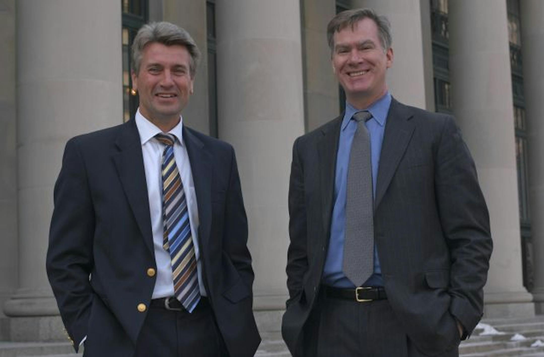 Minneapolis Mayor R.T. Rybak, left, and his St. Paul counterpart, Chris Coleman, consider themselves friends and have worked together on many causes. Both may be seeking the same higher office.