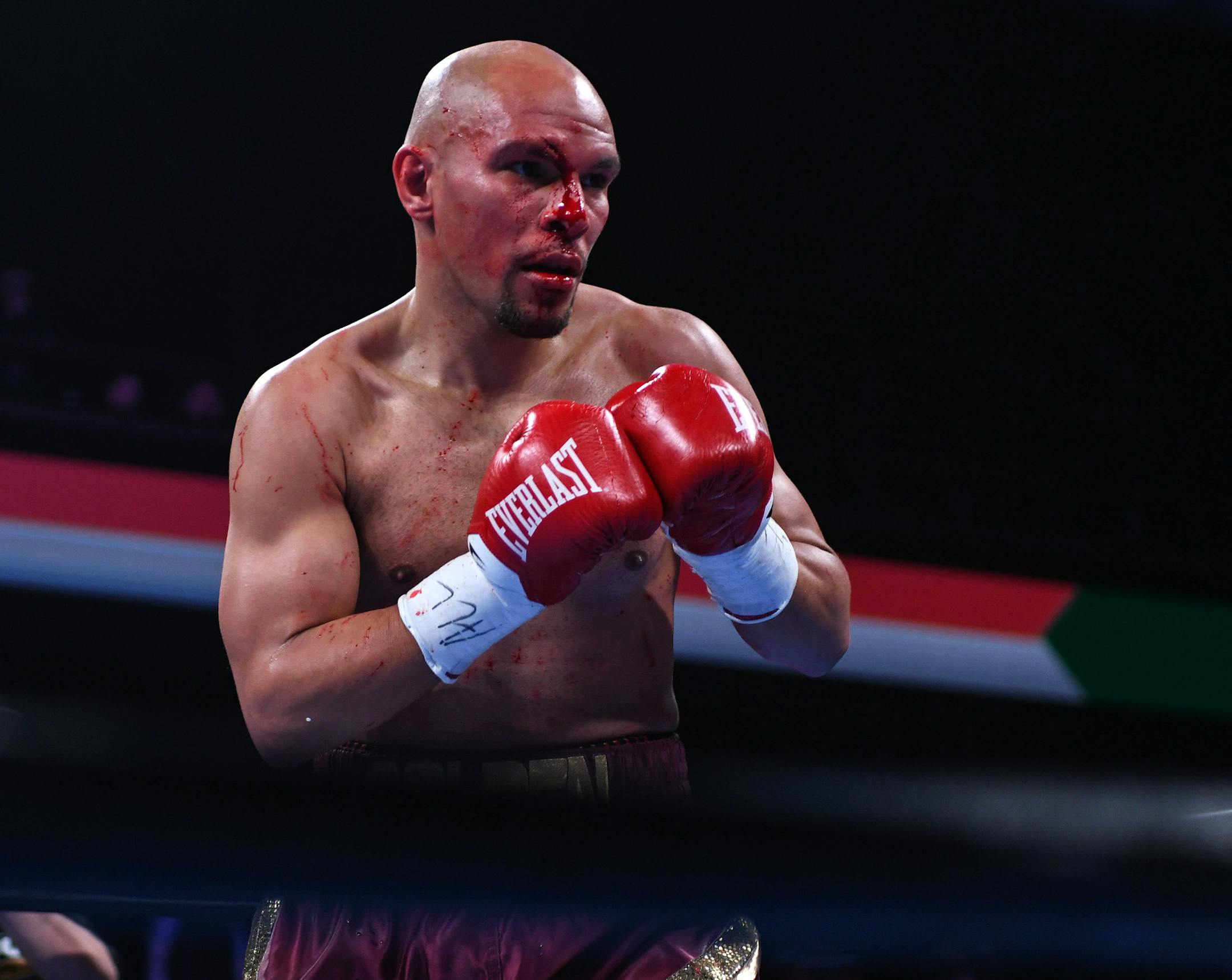 Caleb Truax took a step back from opponent Peter Quillin.] COURTNEY DEUTZ • courtney.deutz@startribune.com on Saturday, April 13, 2019 at The Armory. Live Boxing Series presented by Premier Boxing Champions.The fight was ended as a no decision due to an accidental cut on Truax's face.