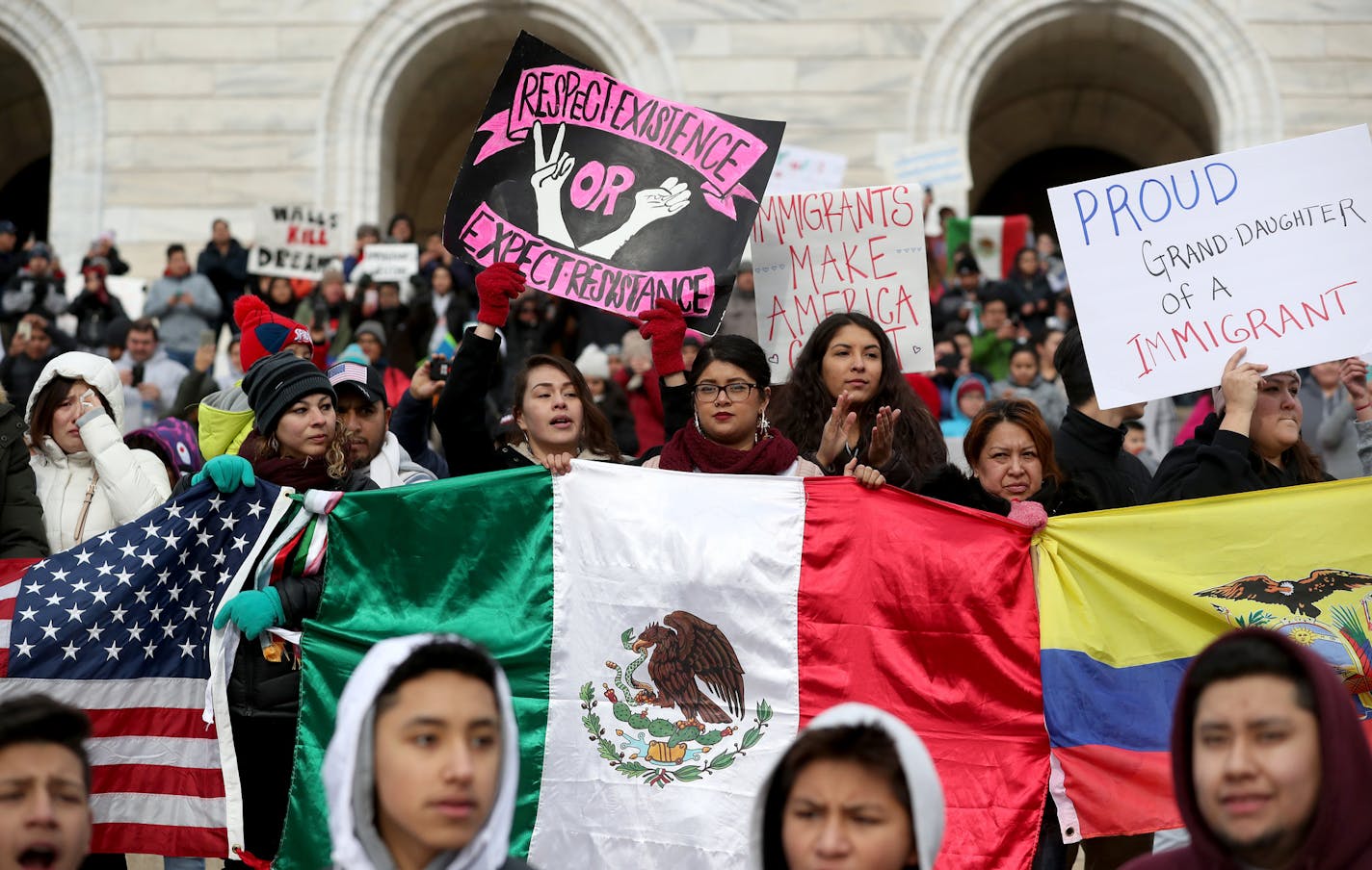 Participants of "Immigrant Day," outside the Minnesota State Capitol Thursday, Feb. 16, 2017, in St. Paul, MN.