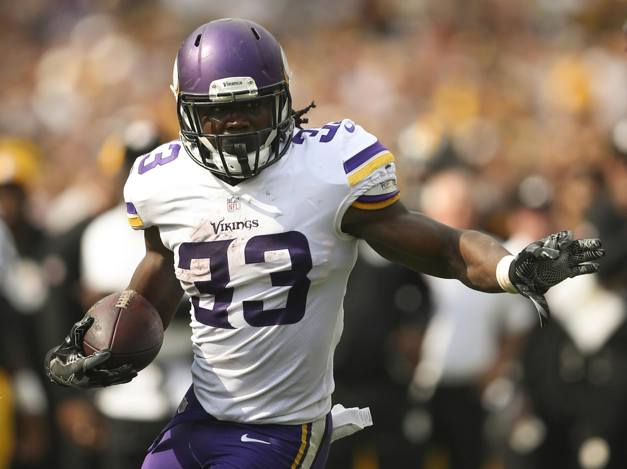 Minnesota Vikings running back Dalvin Cook nearly scored on a 26 yard run in the third quarter. A replay decision said he was just short of the goal line. The Vikings scored on the next play. ] JEFF WHEELER ï jeff.wheeler@startribune.com The Minnesota Vikings lost 26-9 to the Pittsburgh Steelers in an NFL football game Sunday afternoon, September 17, 2017 at Heinz Field in Pittsburgh.