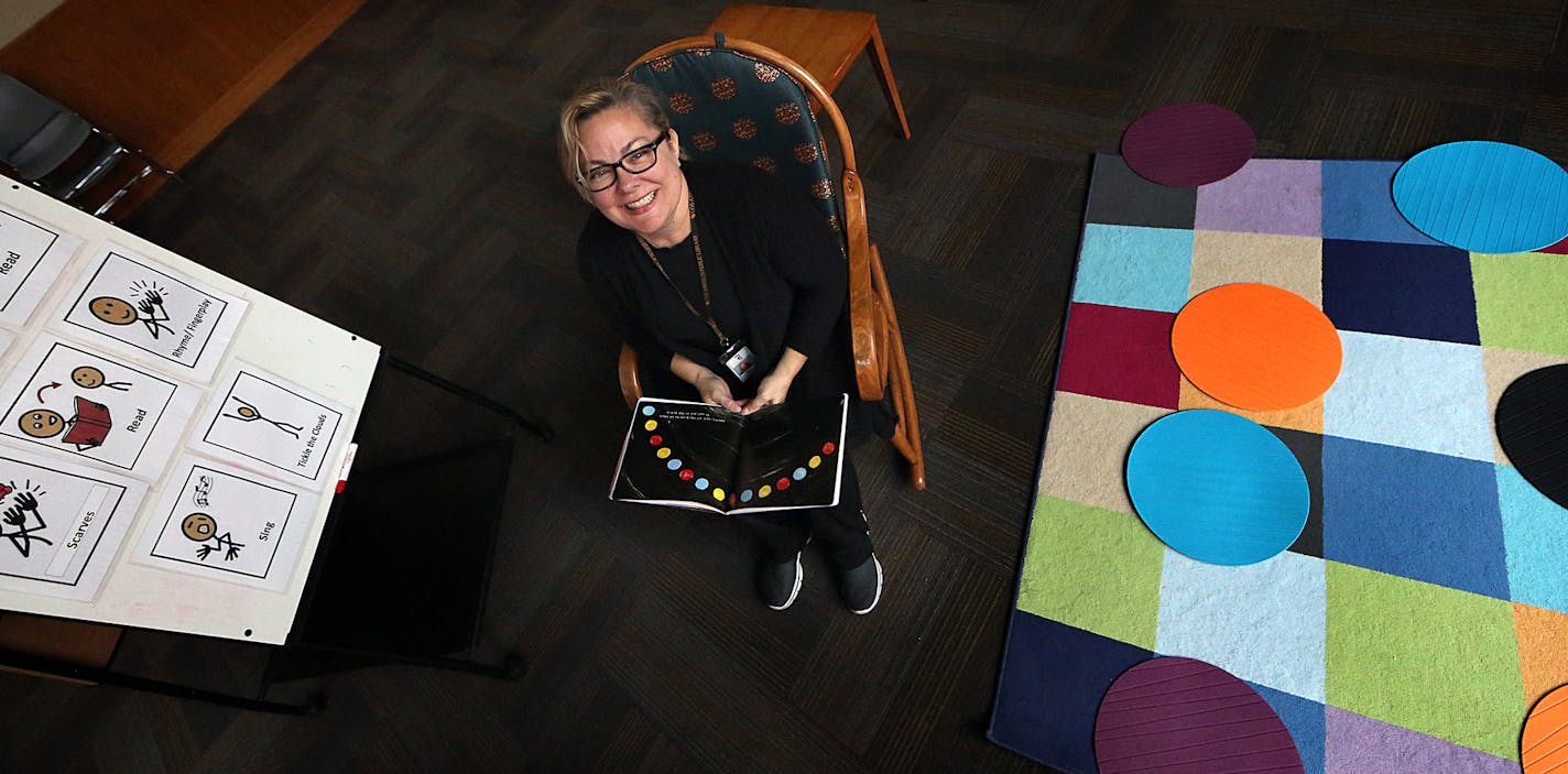 Ingrid Rimmereide, associate youth services librarian at the Chanhassen Library, is among those who lead Sensitive Storytimes for children with autism in Carver County. ] JIM GEHRZ &#xef; james.gehrz@startribune.com / Chanhassen, MN / October 24, 2015 / 9:30 AM &#xf1; BACKGROUND INFORMATION: Carver County has introduced sensitive story time for children on the autism spectrum. Libraries are looking for new ways to accommodate children on the spectrum. Chanhassen Library is holding a Sensitive St