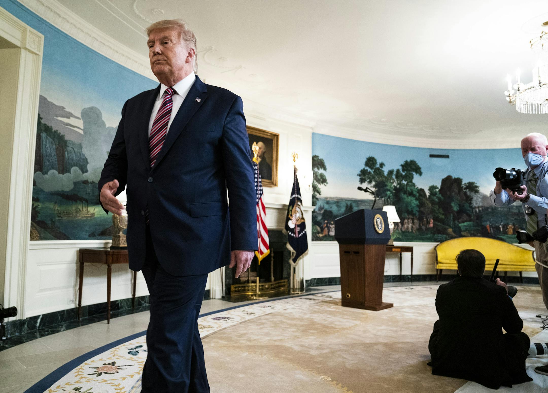 President Donald Trump departs an event announcing additions to his list of potential Supreme Court nominees, in the Diplomatic Room of the White House in Washington, Wednesday, Sept. 9, 2020. Trump also responded to questions about his acknowledging, to the journalist Bob Woodward, that he knowingly played down the coronavirus earlier this year even though he was aware it was "deadly" and vastly more serious than the seasonal flu. (Doug Mills/The New York Times)