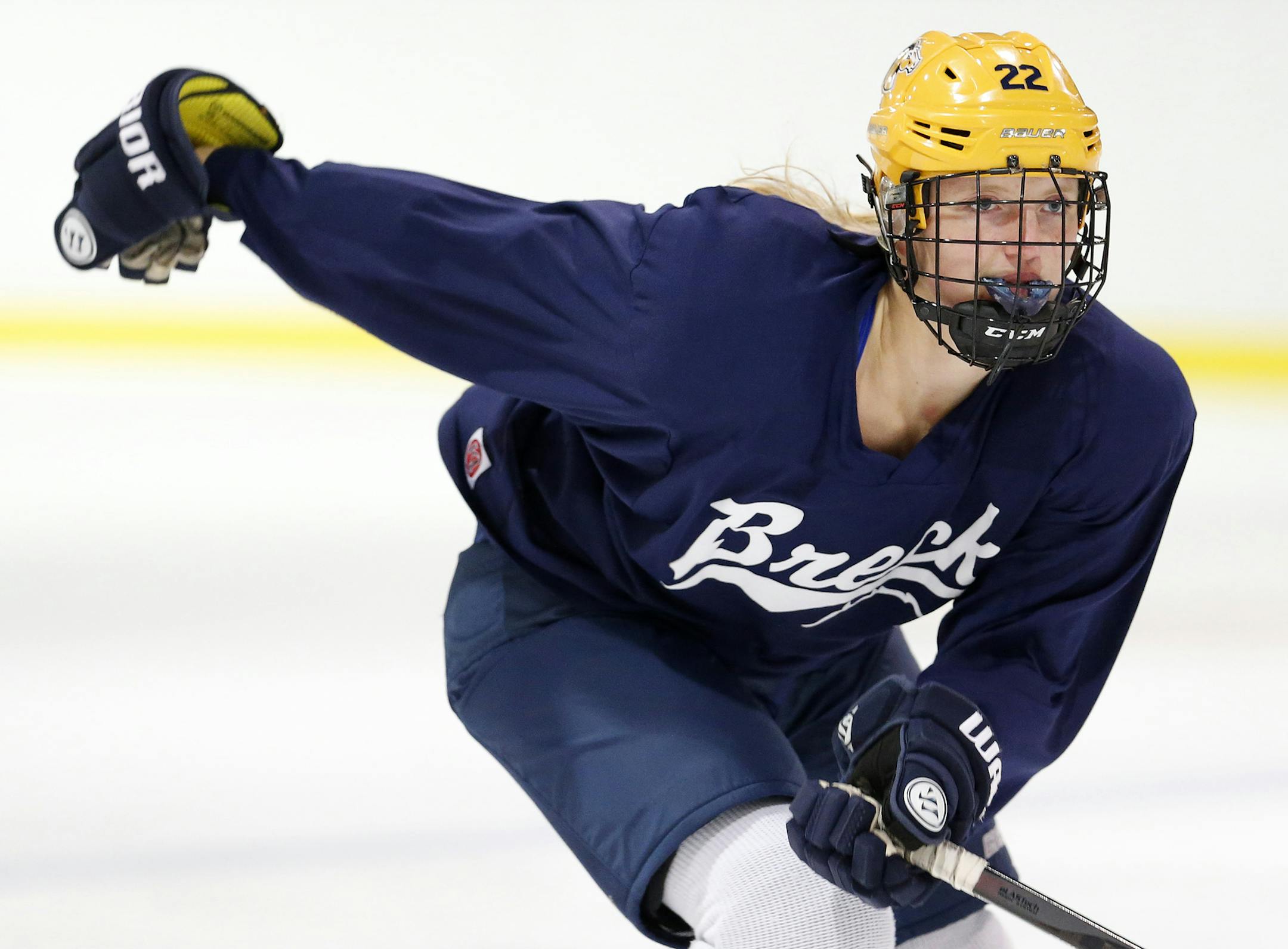 Breck hockey player Anna Zumwinkle. ] CARLOS GONZALEZ cgonzalez@startribune.com - November 3, 2015, Golden Valley, MN, Breck High School / Prep Girls Hockey - focusing on two sisters who also are top tennis players. Anna and Grace Zumwinkle. Anna, a senior committed to Middlebury for hockey. Grace, a junior, committed to the U. The two recently faced off in the Class A doubles final, with Grace and partner Lauren Kozikowski defeated Anna and her partner, Lauren's sister Kendall Kozikowski.