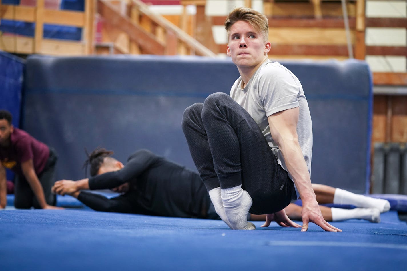 University of Minnesota gymnast Shane Wiskus led the team stretching drills. ] GLEN STUBBE • glen.stubbe@startribune.com Monday, February 17, 2020 Shane Wiskus, a University of Minnesota gymnast, decided not to take a year off from competing with the Gophers while trying to qualify for the US Olympic team.