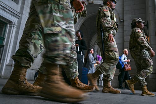 Members of the National Guard on patrol at Union Station in Washington, on Friday, Aug. 15, 2025.
