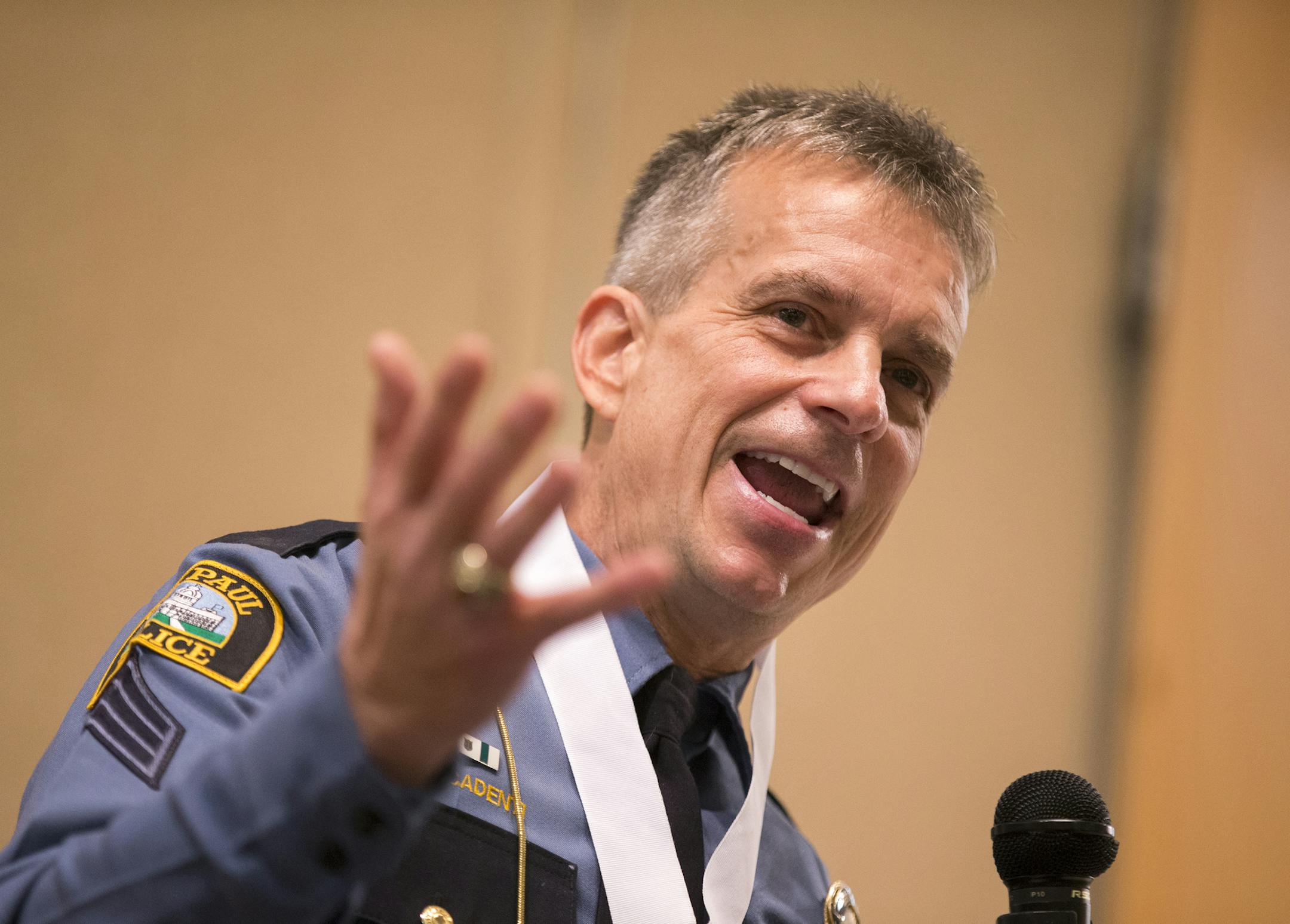 St. Paul Police officer of the year Sgt. Mark Ficcadenti makes a speech during the St. Paul Police Award Ceremony recognizing the officer, detective and civilian employees of the year at the Holiday Inn on Burns Avenue in St. Paul on Wednesday, April 8, 2015. ] LEILA NAVIDI leila.navidi@startribune.com / ORG XMIT: MIN1504081453413298