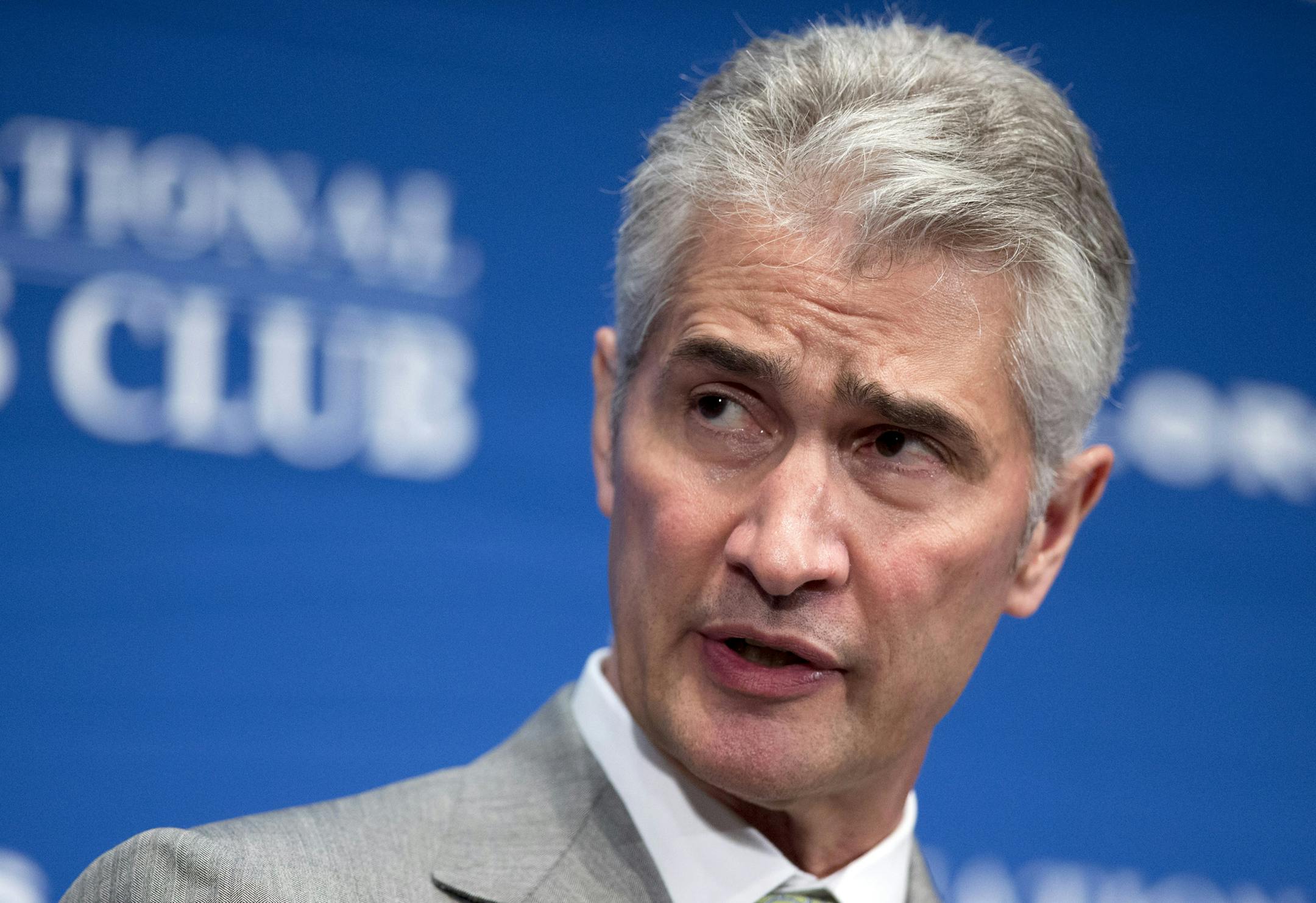 FILE - In this May 15, 2015, file photo, United Airlines Chairman, President and Chief Executive Officer Jeff Smisek, speaks during a panel discussion on unfair international competition at the National Press Club in Washington. United Airlines said Tuesday, Sept. 8, 2015, that Smisek has stepped down as CEO, chairman and president effective immediately and has named Oscar Munoz as president and chief executive officer. (AP Photo/Manuel Balce Ceneta, File)