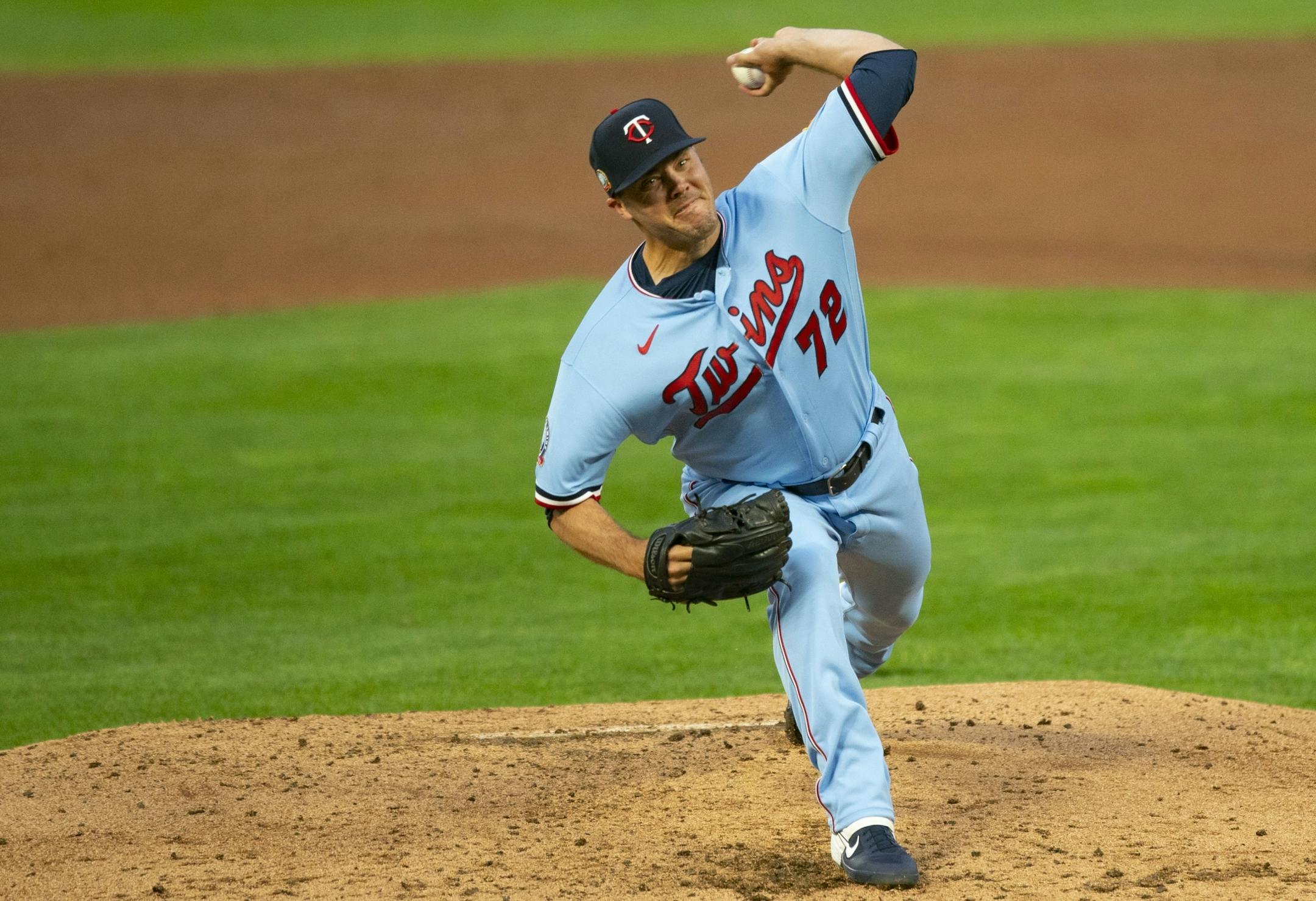 Minnesota Twins relief pitcher Caleb Thielbar (72) came in to the game in the third inning to relieve Rich Hill after Hill gave up a two run homerun.