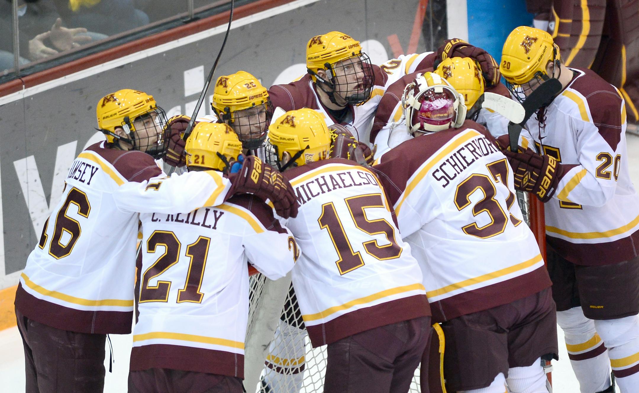 Minnesota Golden Gophers players huddled up before the start of Friday night's game against the Connecticut Huskies. ] (AARON LAVINSKY/STAR TRIBUNE) aaron.lavinsky@startribune.com The University of Minnesota Golden Gophers men's hockey team played the Connecticut Huskies on Friday, Jan. 1, 2016 at Mariucci Arena in Minneapolis, Minn.