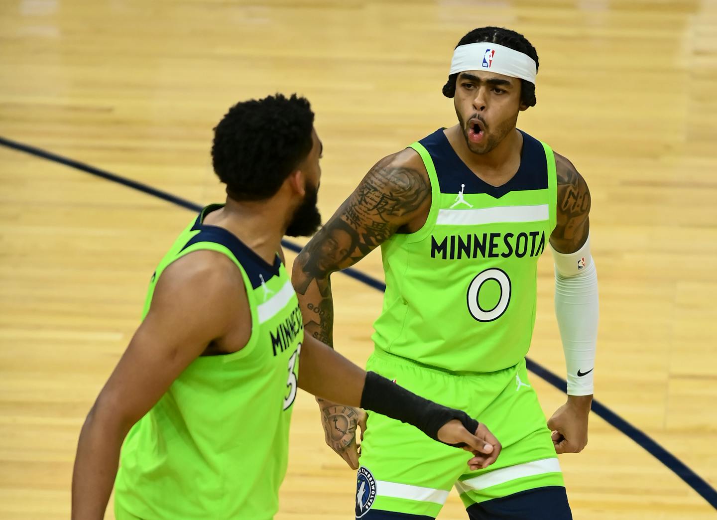 Timberwolves center Karl-Anthony Towns and guard D'Angelo Russell