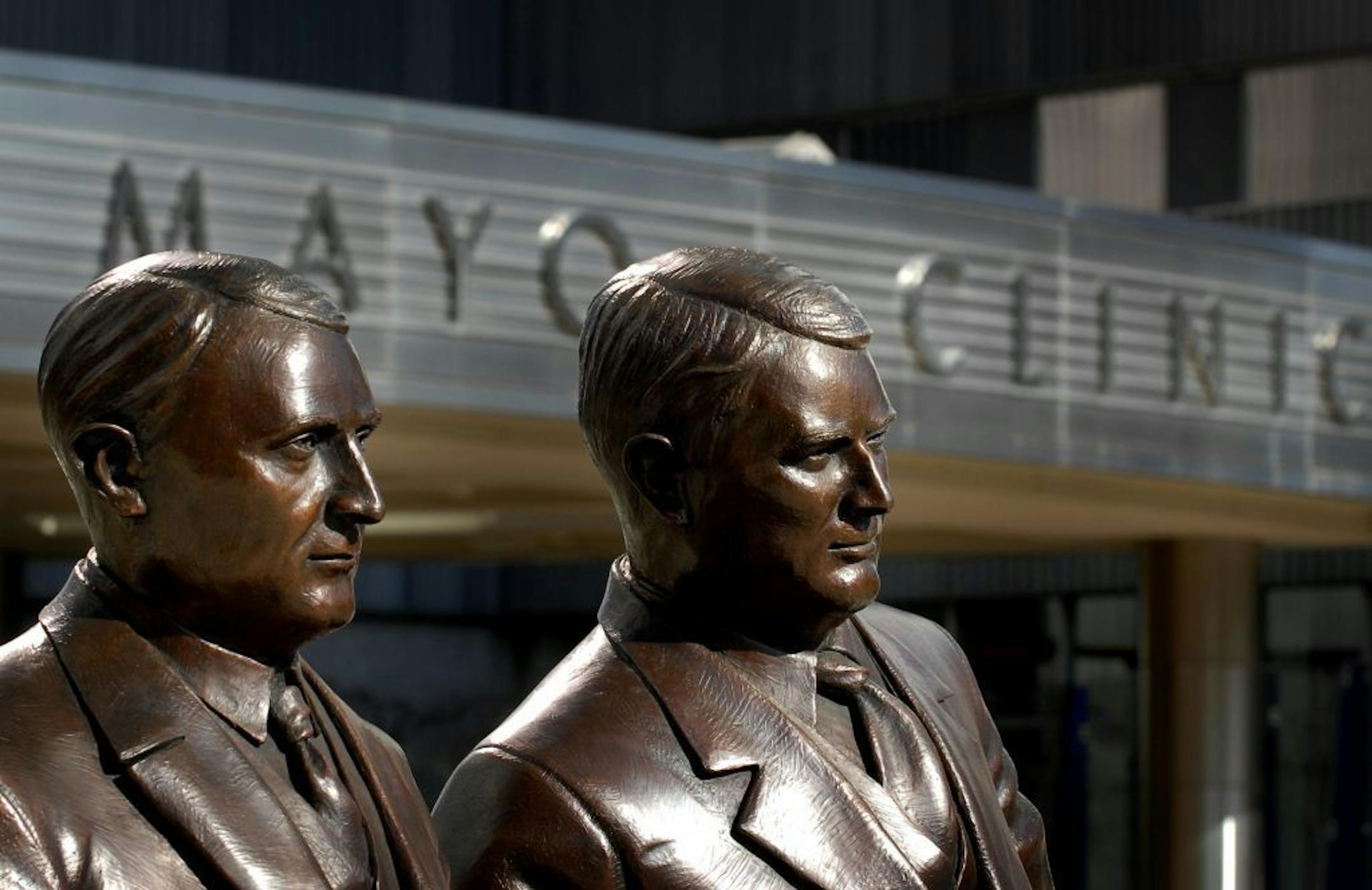 A bronze statue of Dr. William J. Mayo and Dr Charles H. Mayo outside the Mayo Clinic in Rochester, Minn. The brothers along, with their father, Dr. William Worrall Mayo, built the Mayo Clinic.