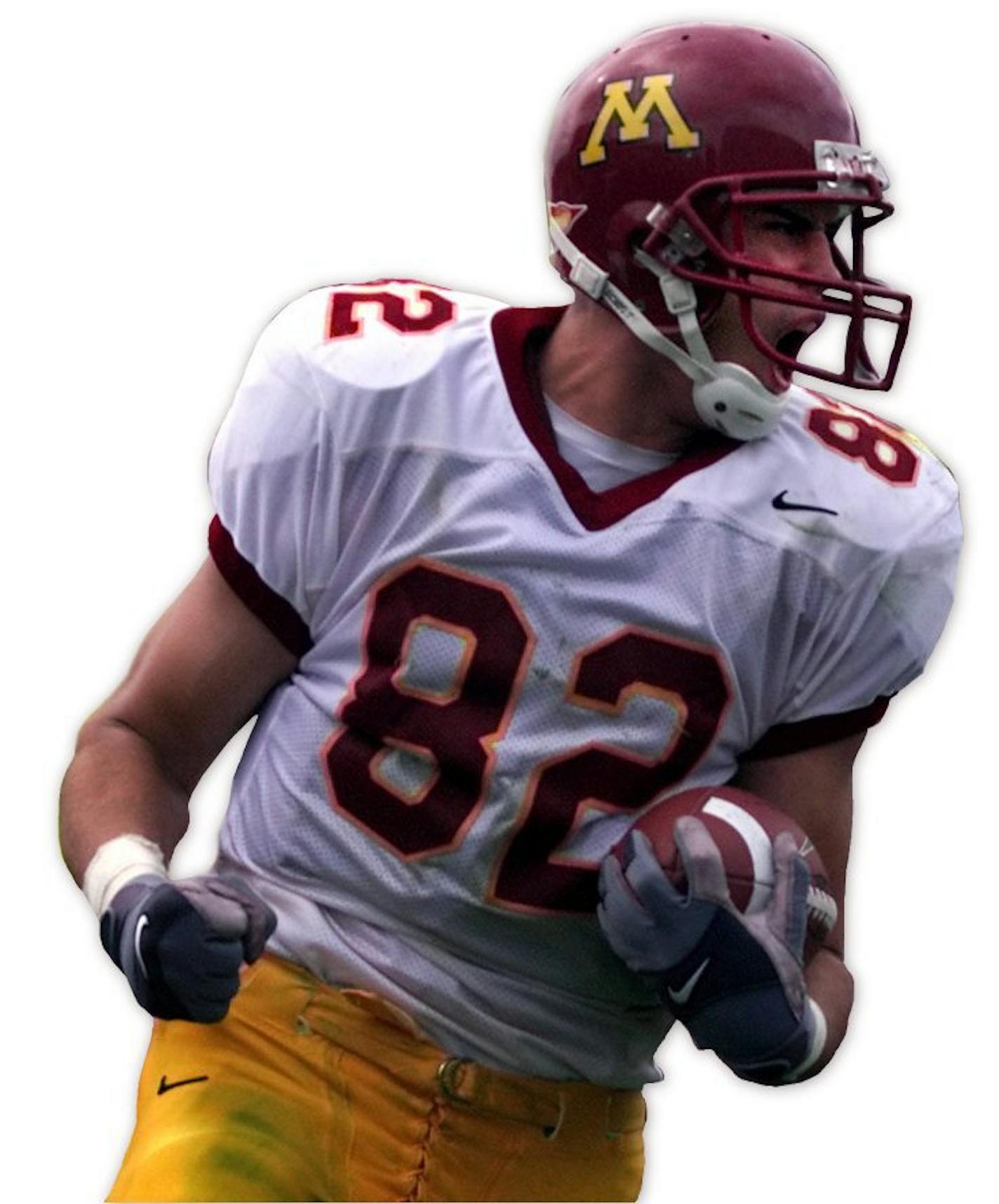 GENERAL INFORMATION: Minnesota Gophers vs. Purdue Boilermakers at Ross-Ade Stadium in West Lafayette, IN.--9/23/00
IN THIS PHOTO: Gophers Ben Utecht, #82, celebrates after catching a 4th quarter TD pass.