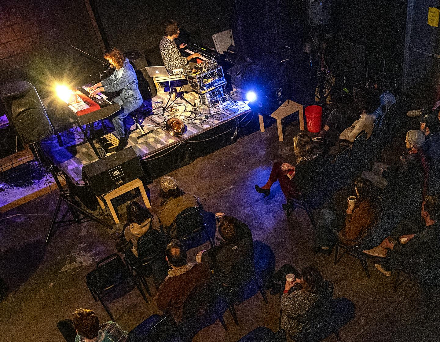 M. Raben and P. Simon performed at Moon Palace Books in Minneapolis. ] CARLOS GONZALEZ &#xef; cgonzalez@startribune.com - October 24, 2018, Minneapolis, MN, Moon Palace Books, Three local experimental/electronic acts are playing for a release party by the Drone Band, also including Lynn Avery.