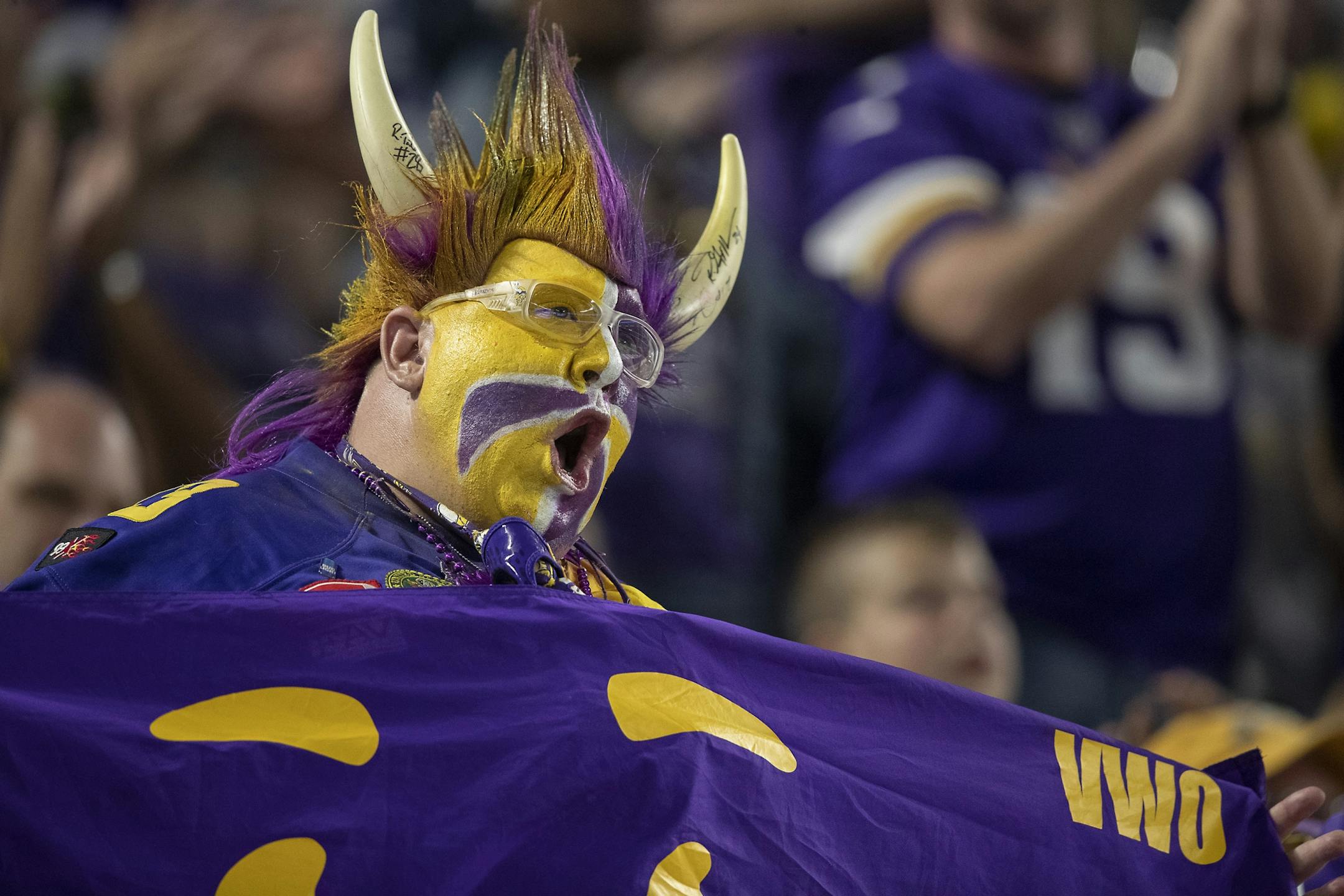 Vikings quarterback Kyle Sloter pointed toward movement on the lie during the fourth quarter in the pre-season matchup between the Minnesota Vikings and the Seattle Seahawks at US Bank Stadium, Sunday, August 18, 2019 in Minneapolis, MN.