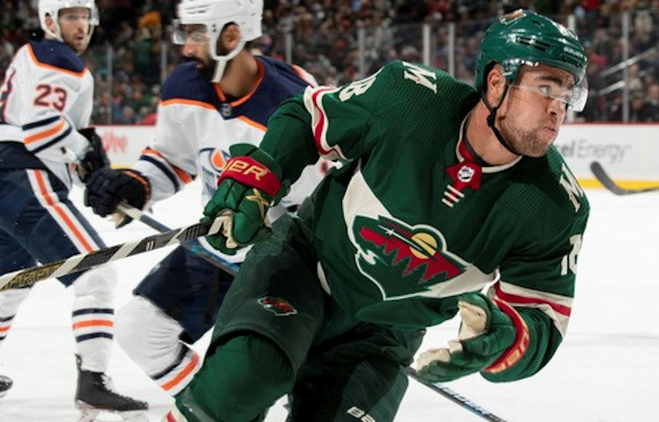 A hard-charging Jordan Greenway assisted on the Wild's first two goals in a 3-0 victory over Edmonton on Tuesday night before leaving the game because of a head injury.