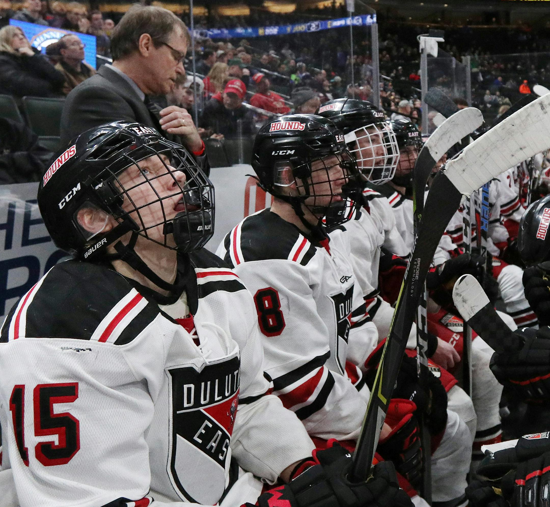 Duluth East High School players sat on the bench during a break in play in the third period. ] ANTHONY SOUFFLE ï anthony.souffle@startribune.com Duluth East High School played St. Michael-Albertville High School in an Class 2A boys' hockey quarterfinals game Thursday, March 8, 2018 at the Xcel Energy Center in St. Paul, Minn.