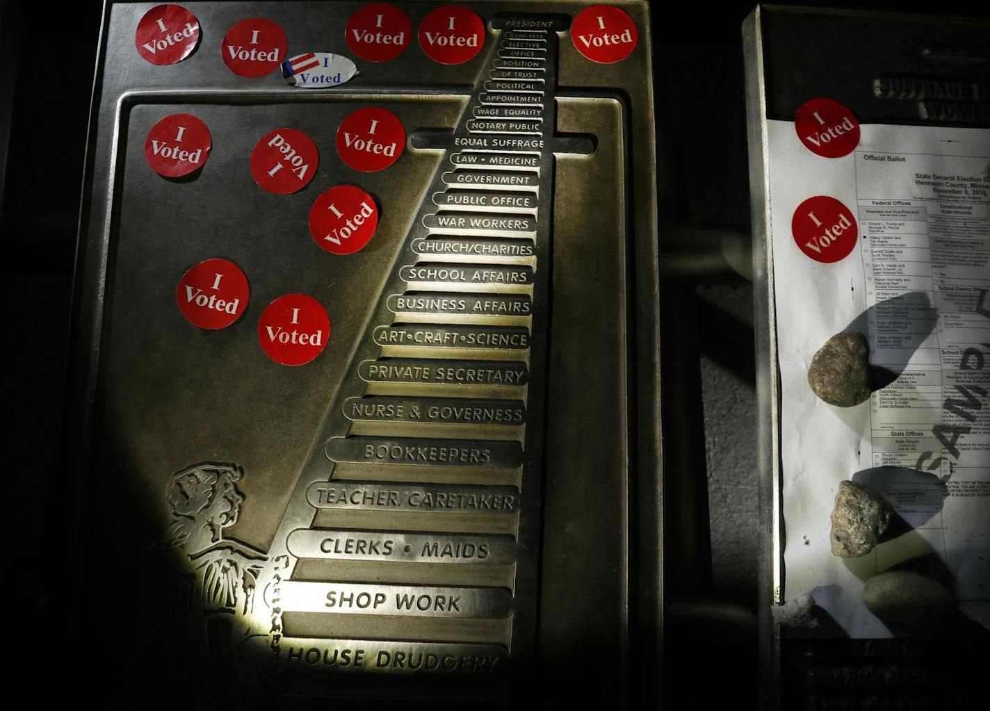 I voted stickers were placed at the Minnesota Suffrage memorial at the State Capitol on election night Tuesday October 08, 2016 in St. Paul, MN.